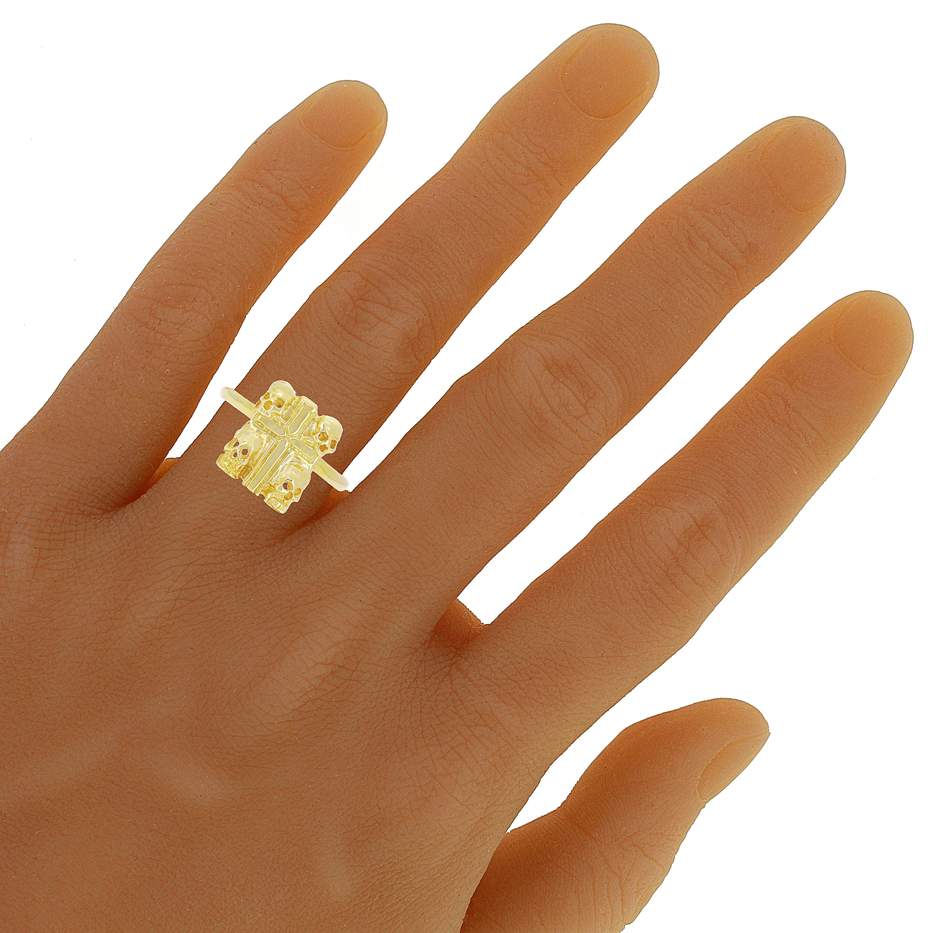 14k Yellow Gold Fours Skulls Cross Ring
