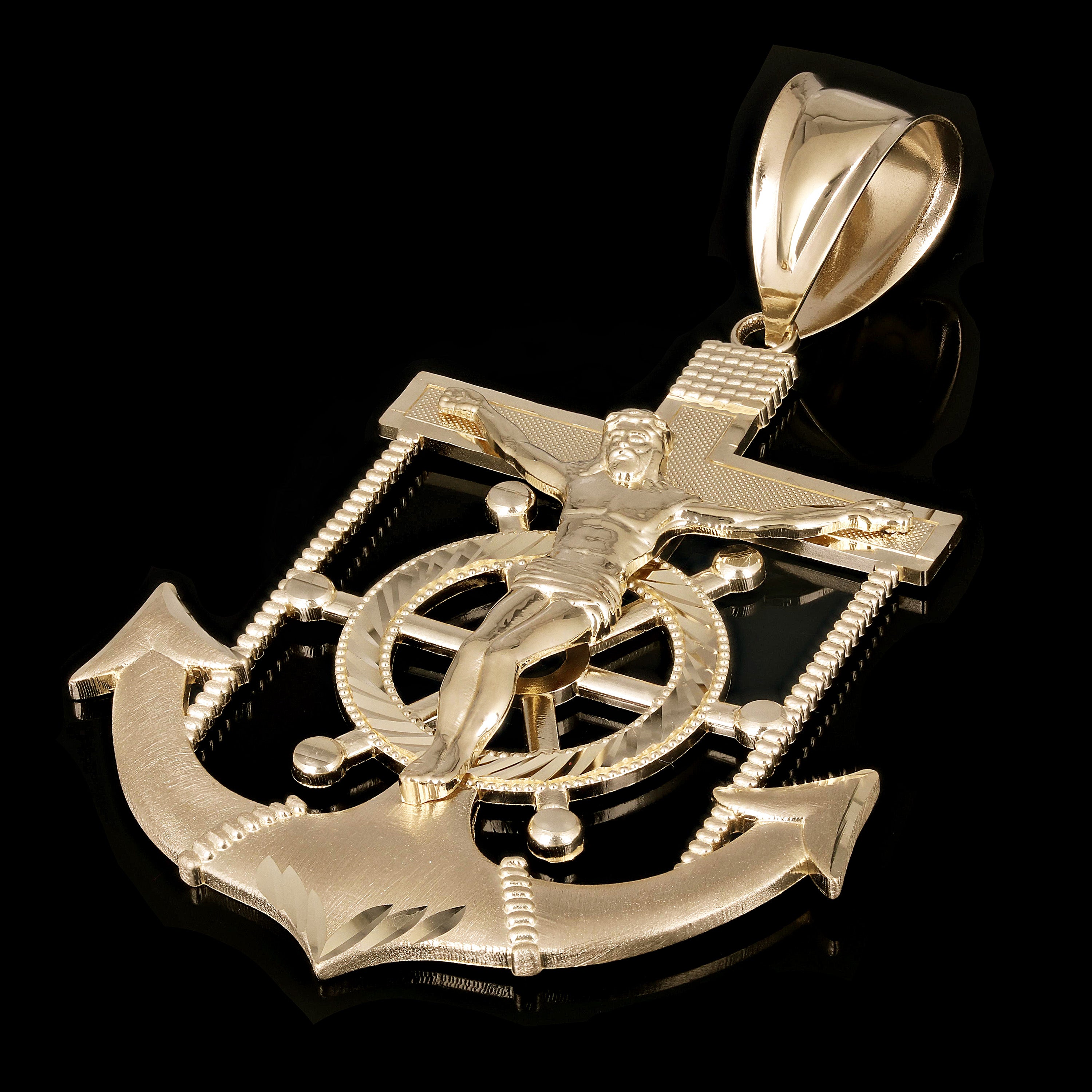 14k Yellow Gold BIG Jesus Christ Cross Anchor Ship Mariners Pendant 3.5" 19.5g