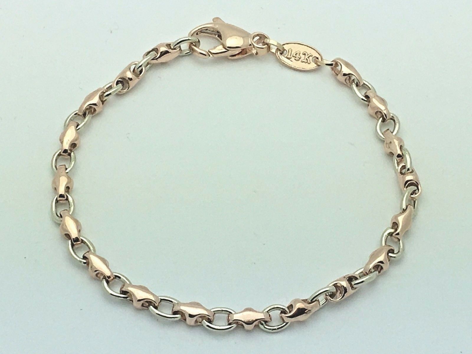 14k Rose & White Gold Handmade Fashion Link Bracelet 7" 4mm 9 grams - 7"