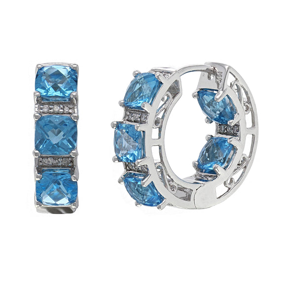 14k White Gold 0.20ctw Blue Topaz & Diamond Inside Out Chunky Hoop Earrings