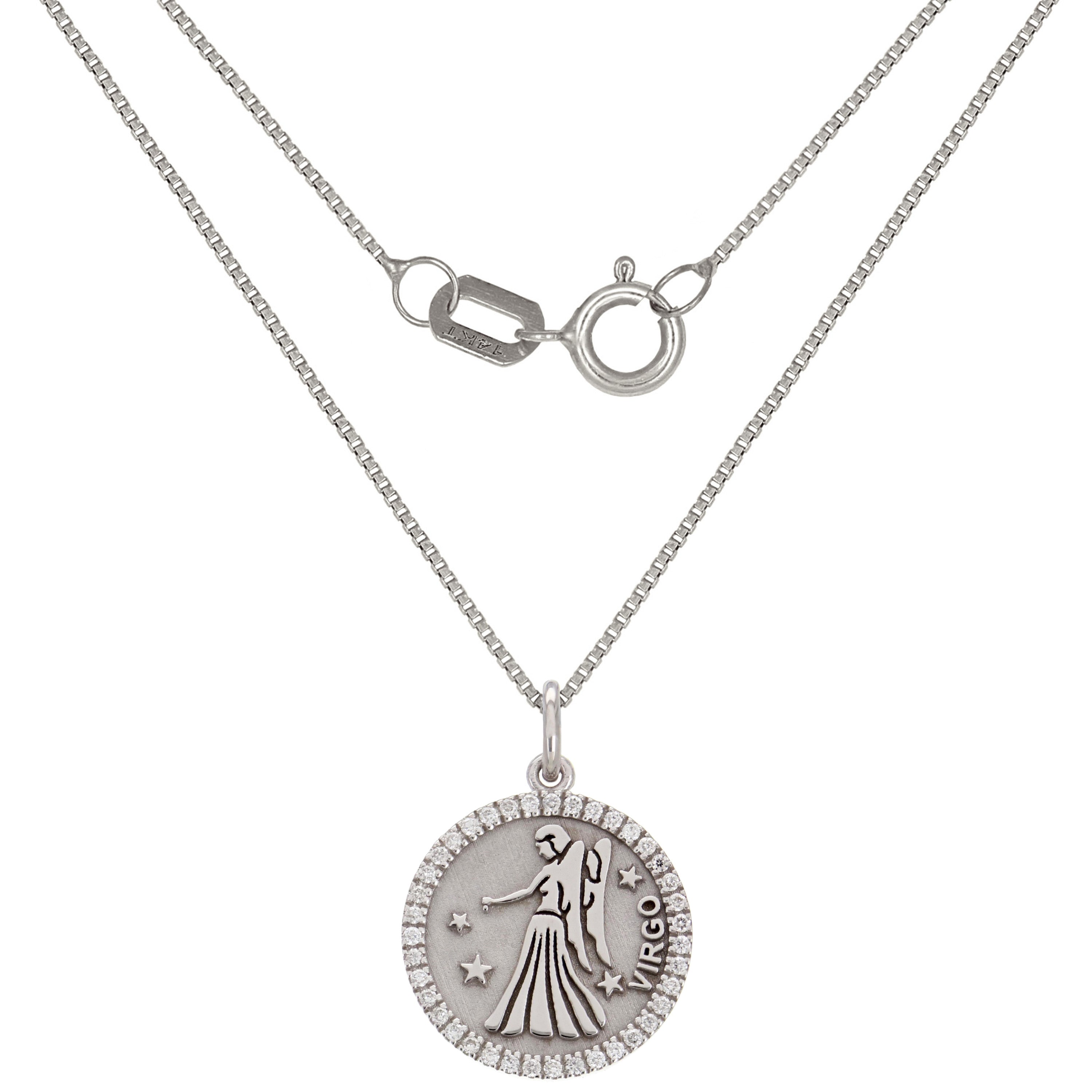 14k White Gold Diamond Zodiac Sign Virgo Pendant Necklace 18" - Virgo,White