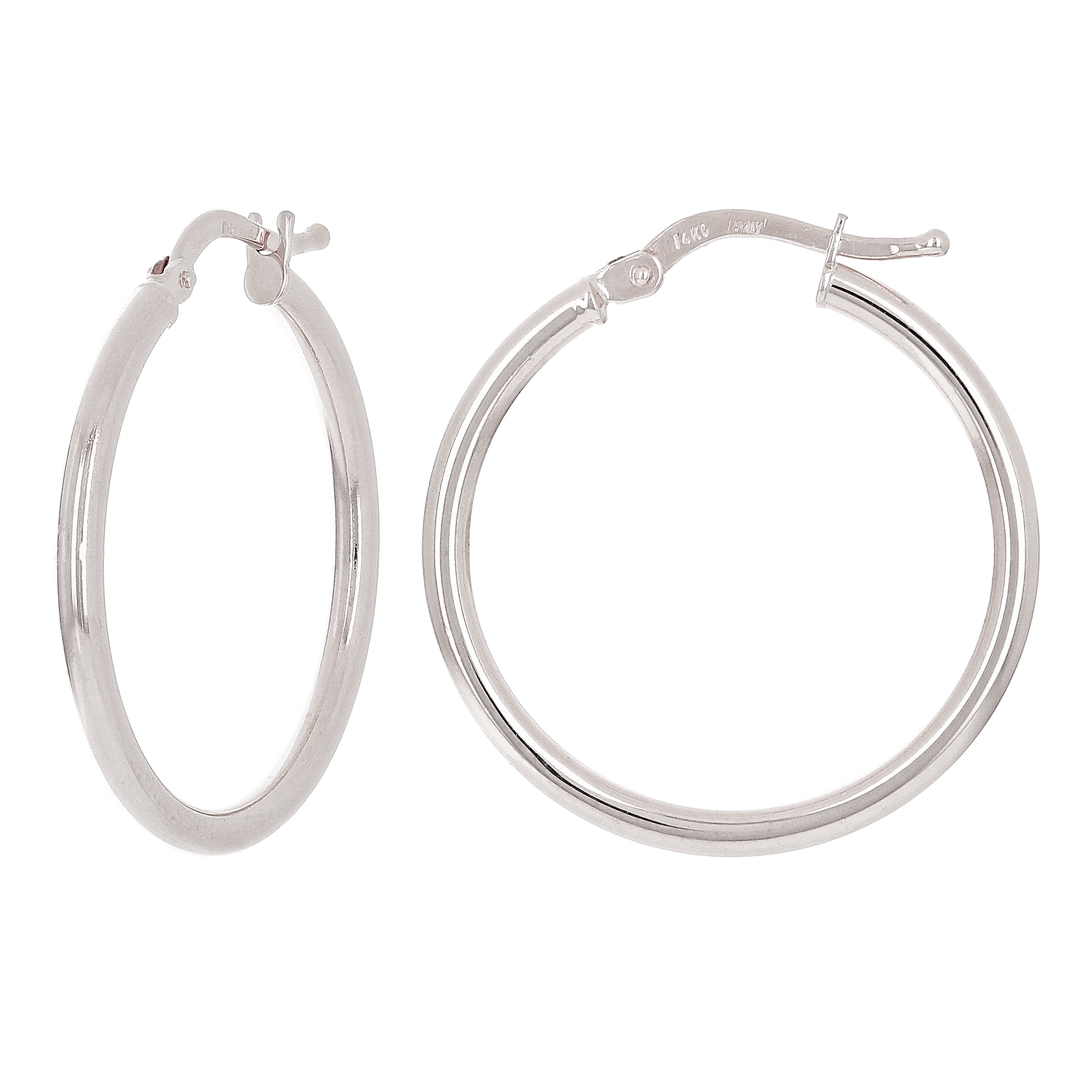 Italian 14k White Gold High Polished Plain 2mm Hollow Hoop Earrings 1" 1.6 grams - White,Size 1" 1.6 grams