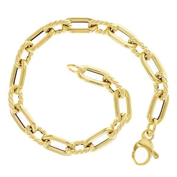 Italian 14k Yellow Gold Hollow Oval & Paper Clip Link Bracelet 7.5