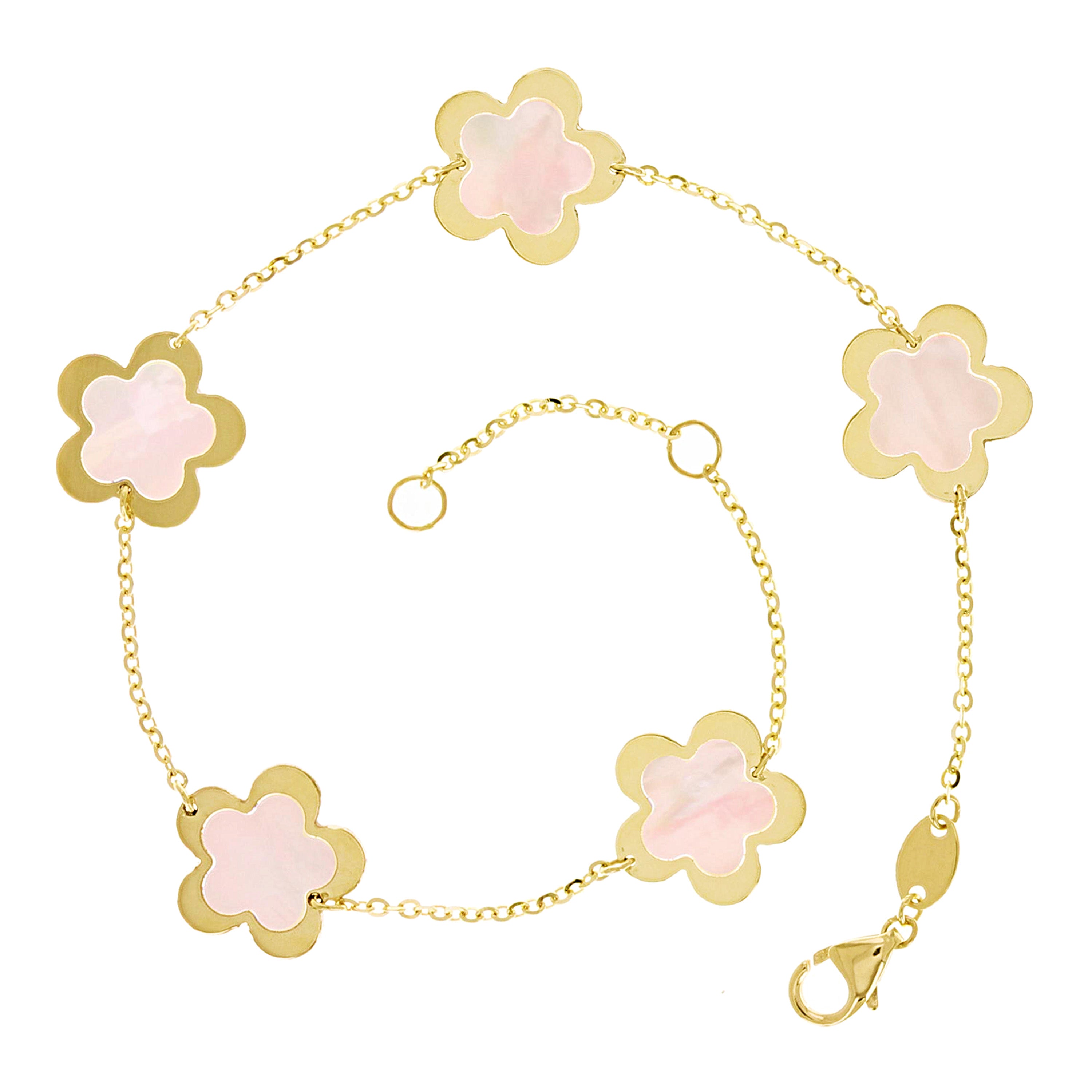Italian 14k Yellow Gold Pearl Flower Charm Station Bracelet 7.5" 11mm 2.4 grams