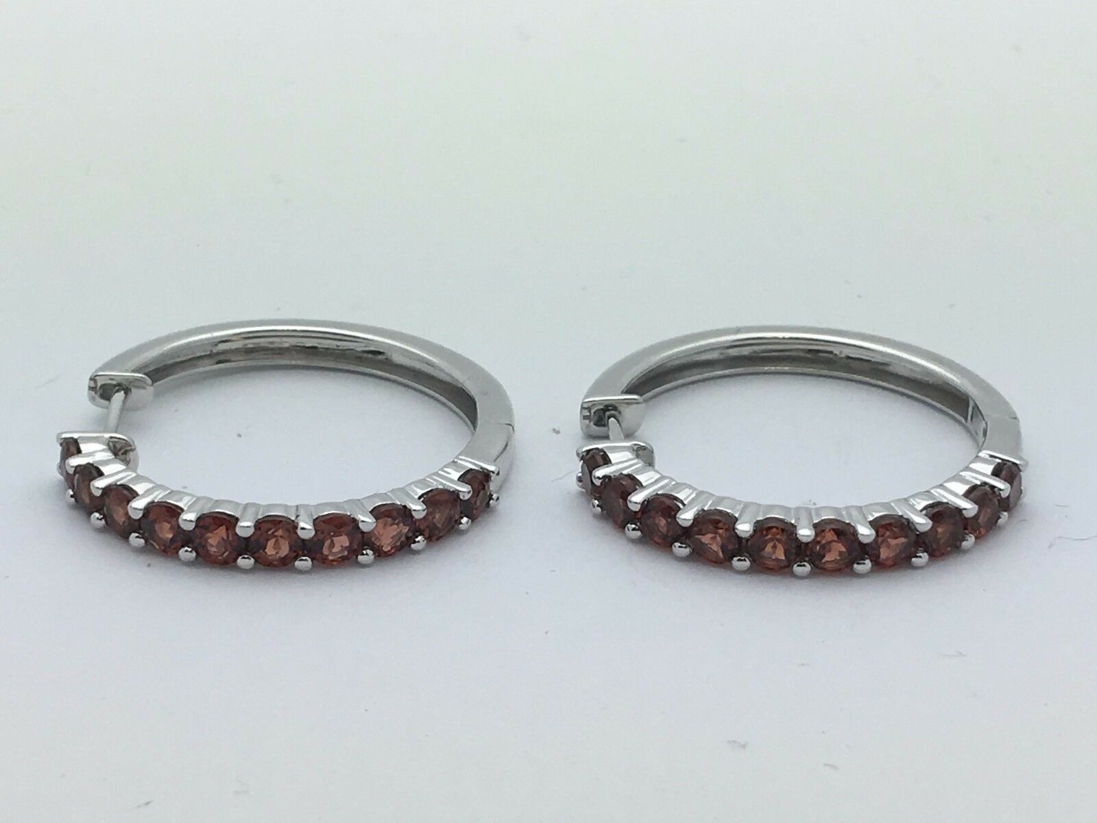 14k White Gold Hoop Loop Earrings with Natural Garnet Gemstones 6.2gram
