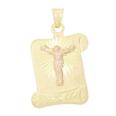 14k Two Tone Gold Diamond Cut Jesus Christ Crucifix Pendant Scroll Charm 1.8g