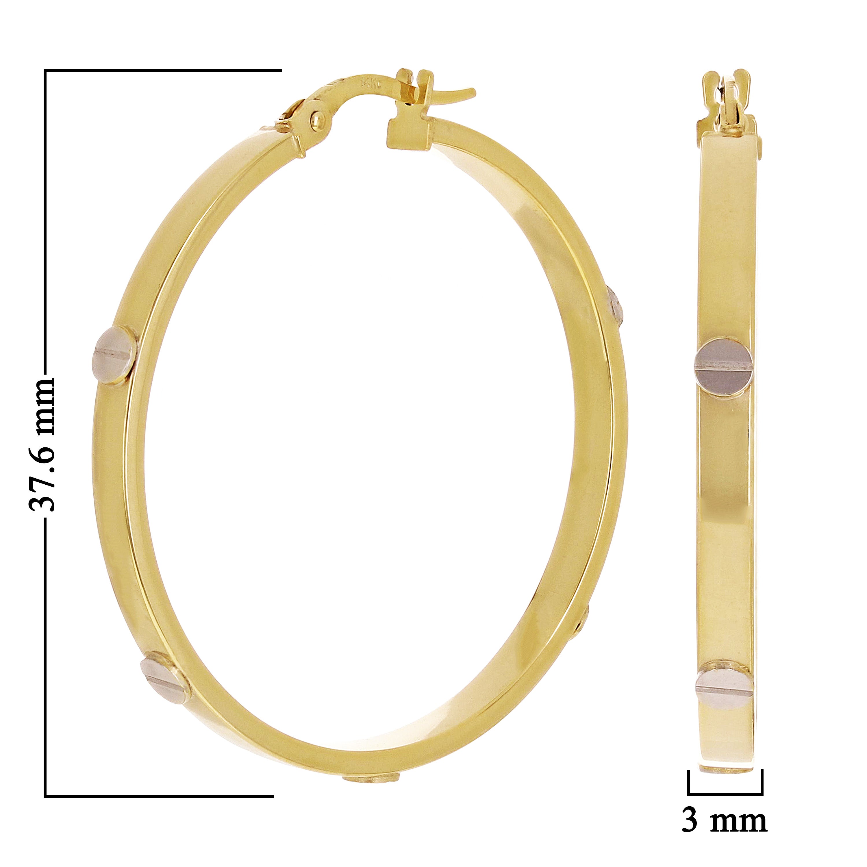 Italian 14k Two-Tone Gold Hollow Screw Design Hoop Earrings 1.4" 3mm 3.1 grams