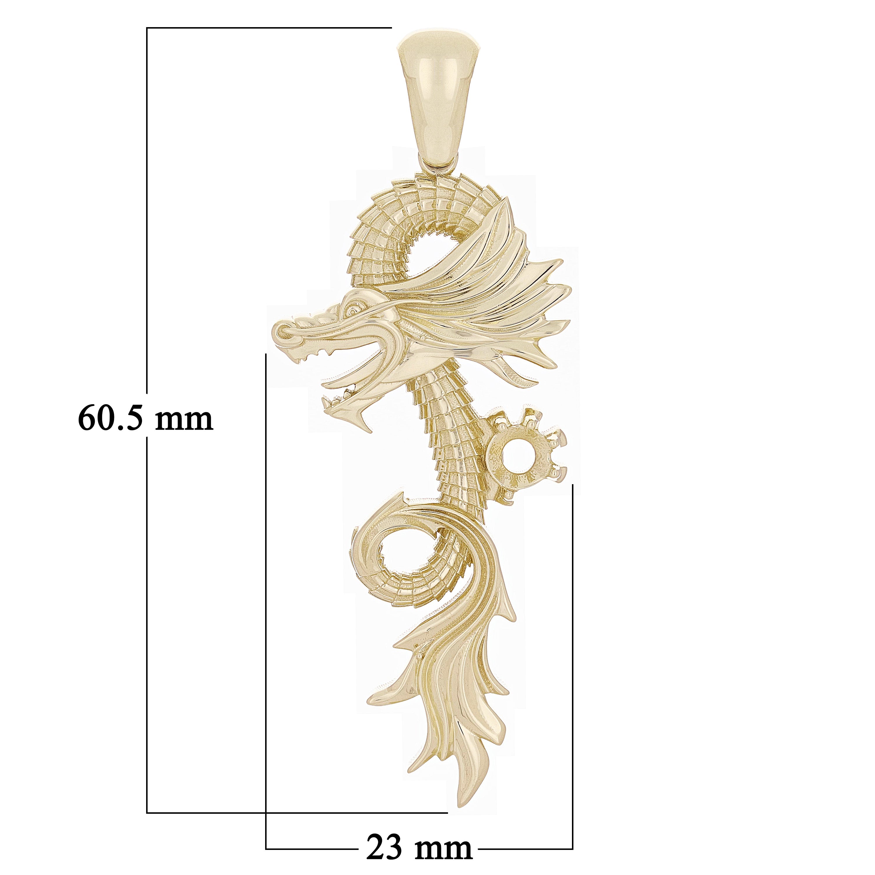 14k Yellow Gold Chinese Asian Dragon Detailed Semi-Mount Long Pendant 2.35"