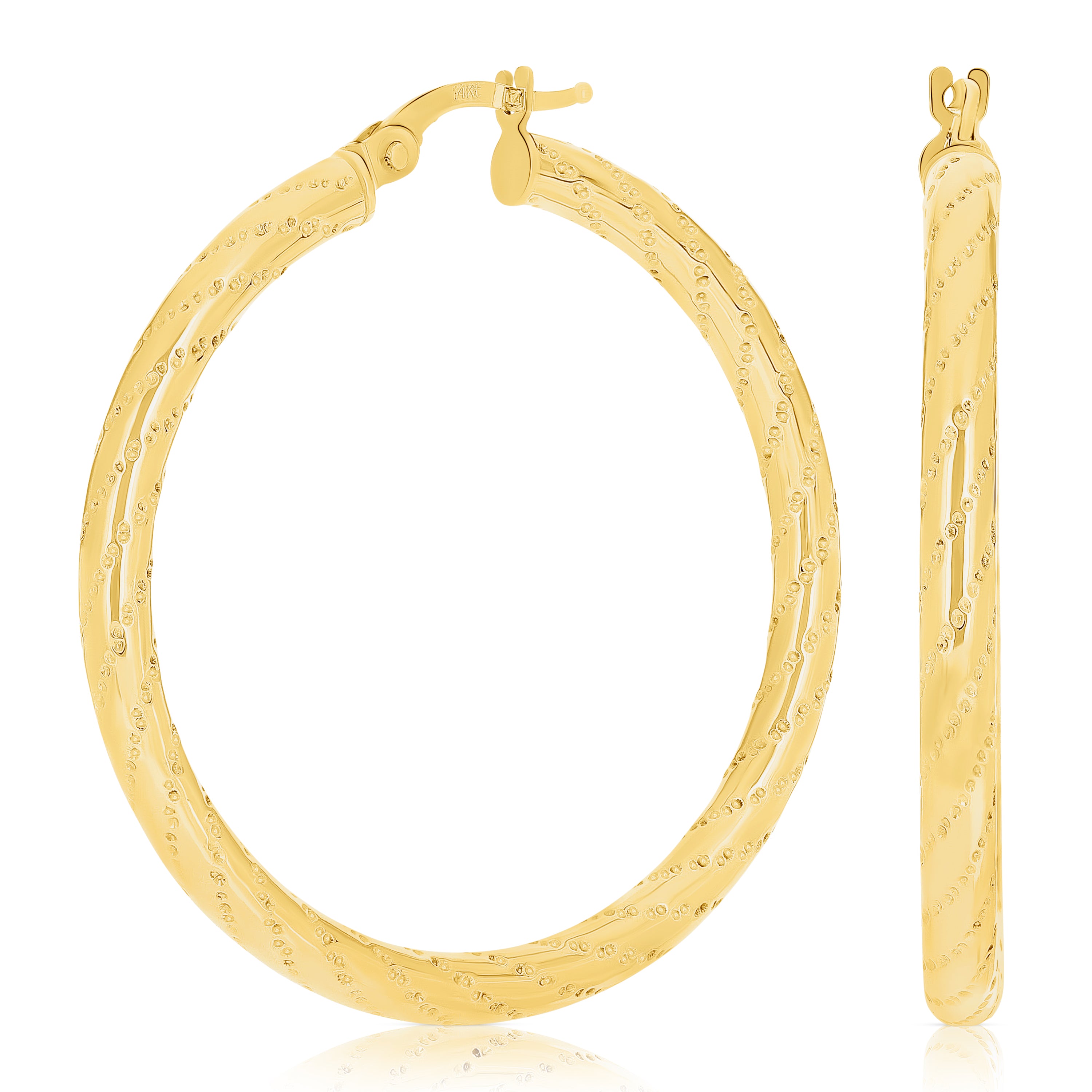 Italian 14k Yellow Gold Diagonal Snare Design Large Hollow Hoop Earrings 1.5"