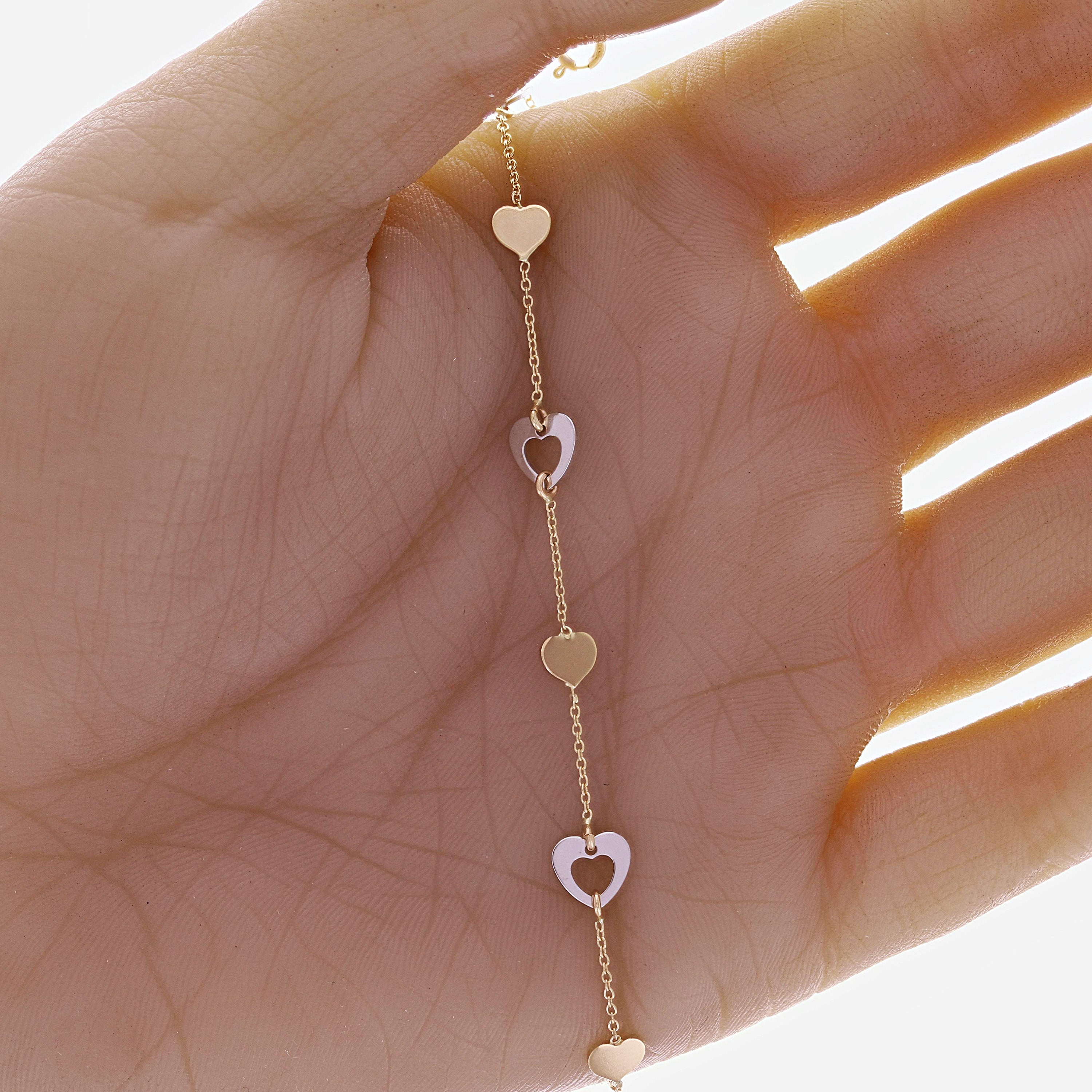 Italian 14k Two-Tone Gold Heart Charm Bracelet 7" 1.9 grams