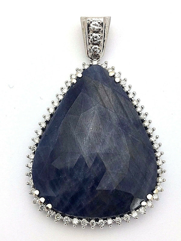 14k White Gold Tear Drop/Pear Shape Blue Sapphire with Diamond Accent Pendant