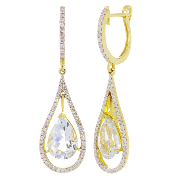 14k Yellow Gold 0.50ctw Pear Aquamarine & Pave Diamond Swing Drop Hoop Earrings