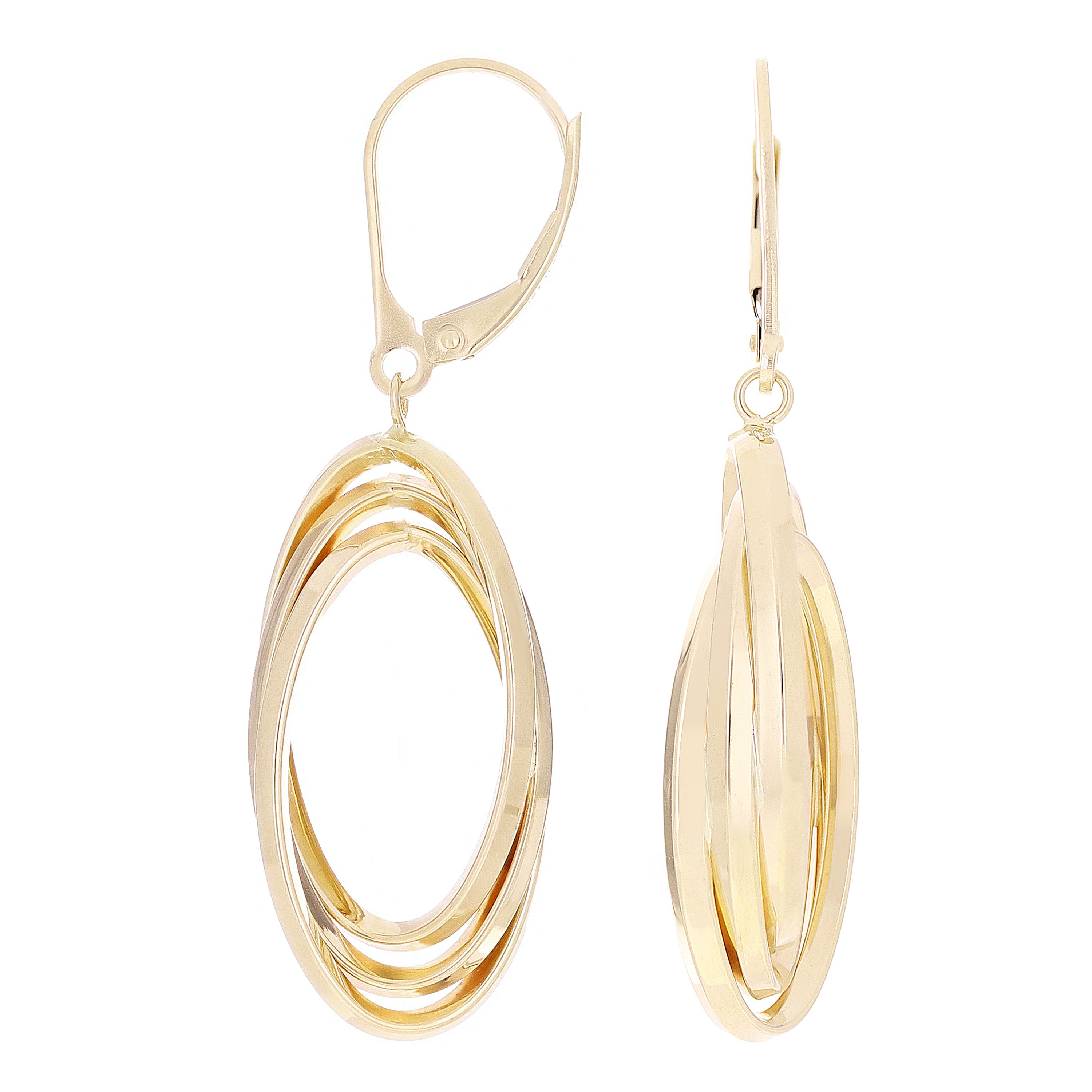 Italian 14k Yellow Gold Polished Triple Entwined Oval Hollow Dangle Earrings1.8"