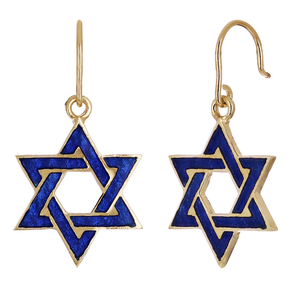 14k Yellow Gold Jewish Star of David with Blue Enamel Drop Dangle Earrings 1.1