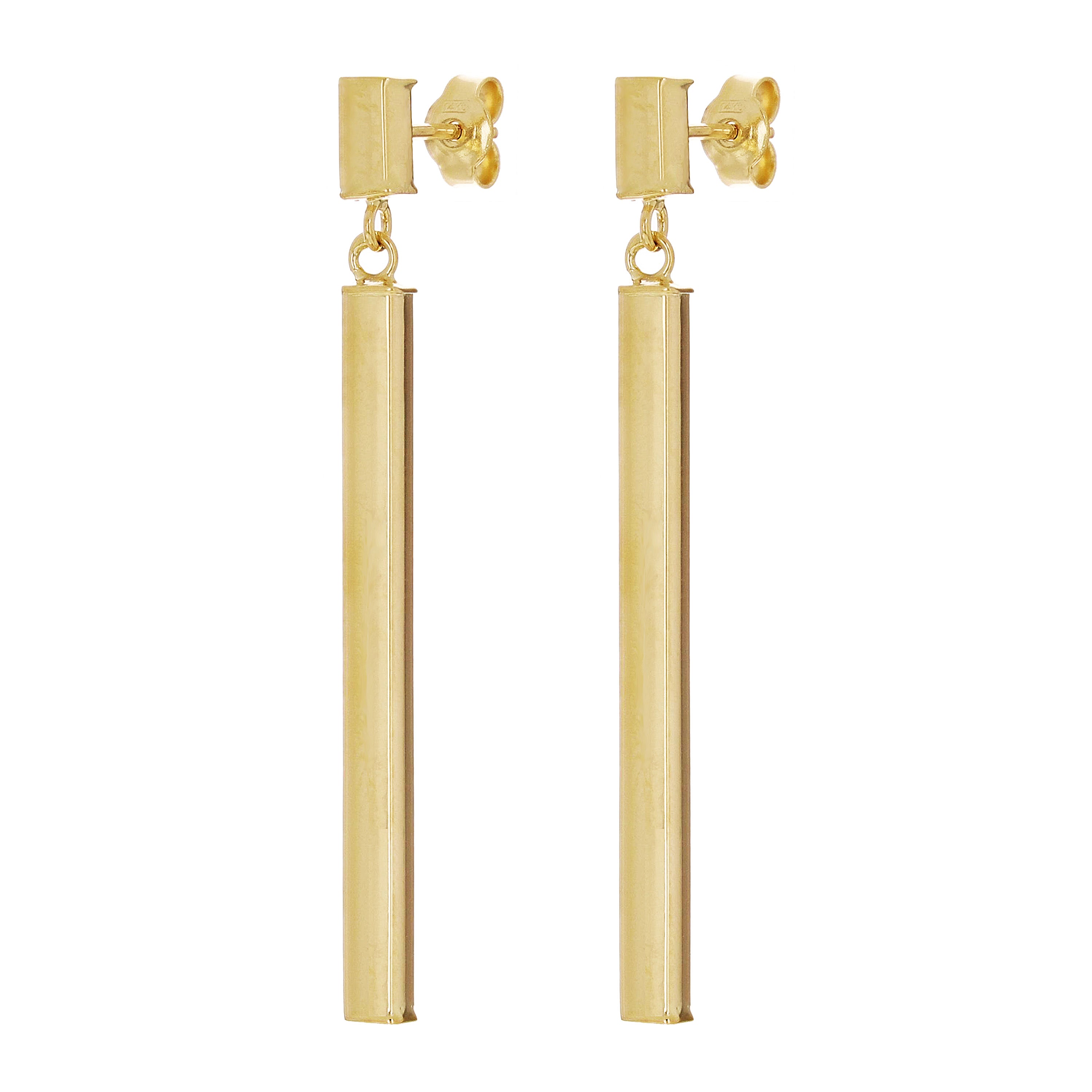 Italian 14k Yellow Gold Square Vertical Bar Dangle Drop Earrings 1.8" 2.1 grams