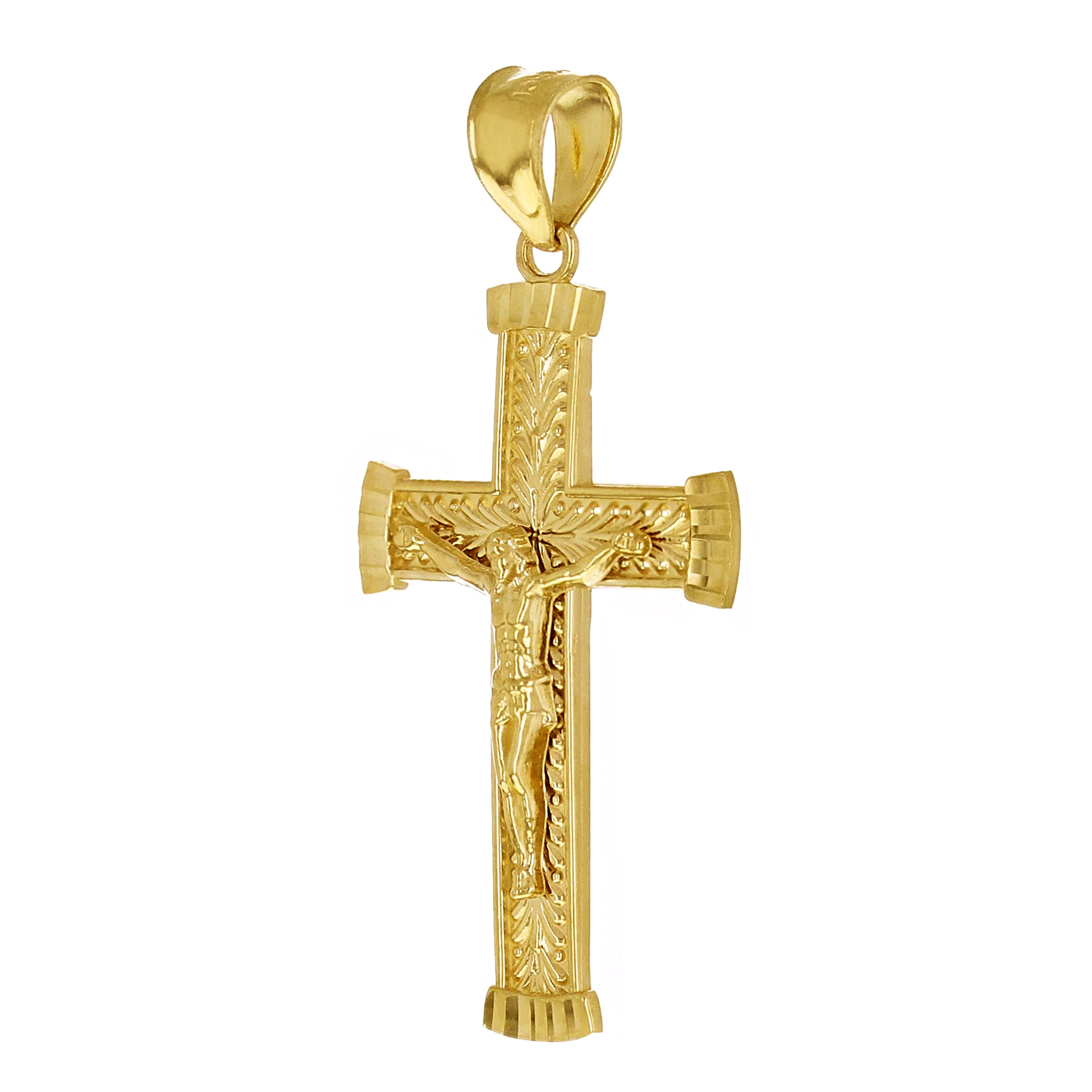 14k Yellow Gold Diamond Cut Leaf Pattern Jesus Cross Crucifix Pendant 1.6" 2.6g