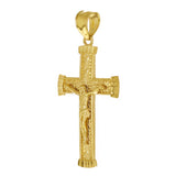 14k Yellow Gold Diamond Cut Leaf Pattern Jesus Cross Crucifix Pendant 1.6" 2.6g