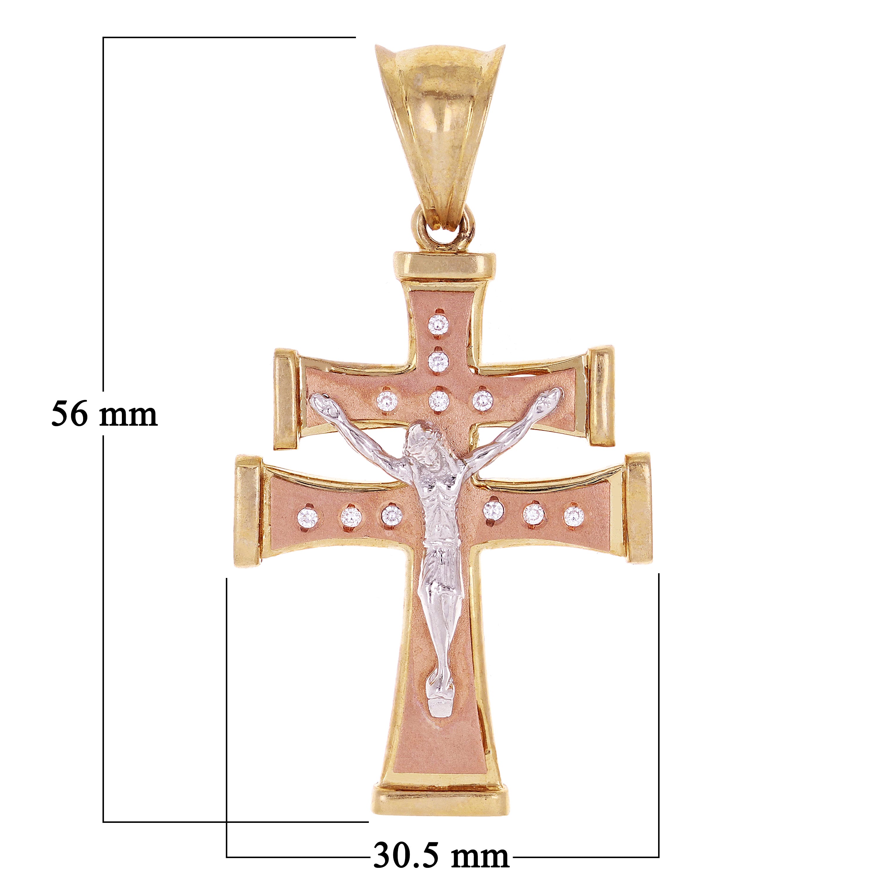 14k Tri Color Gold Caravaca Crucifix Pendant with Cubic Zirconia 2.2" 11.5grams