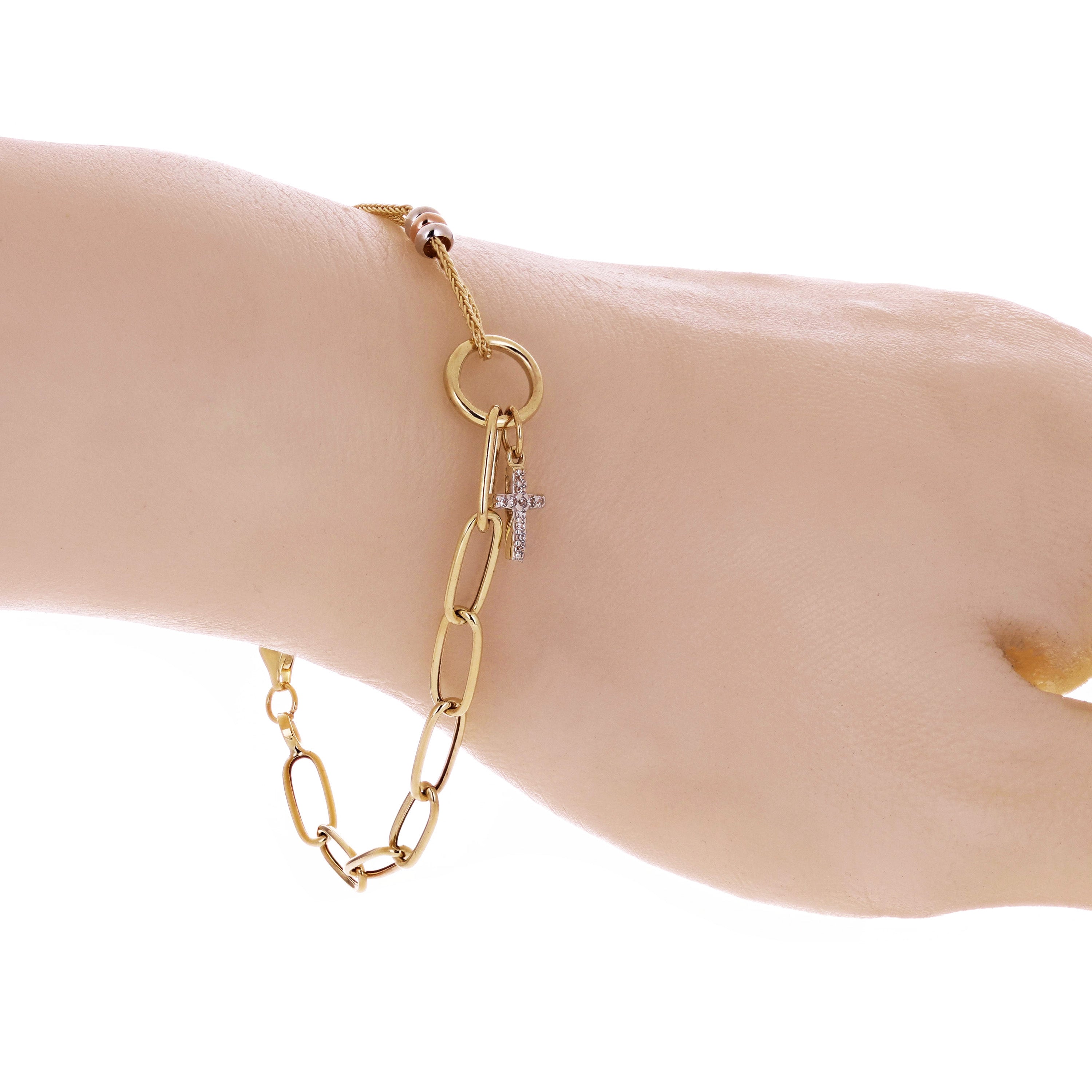 Italian 14k Tri Color Gold Wheat & Paper Clip Cross Charm Bracelet 7.5" 2.9 grams