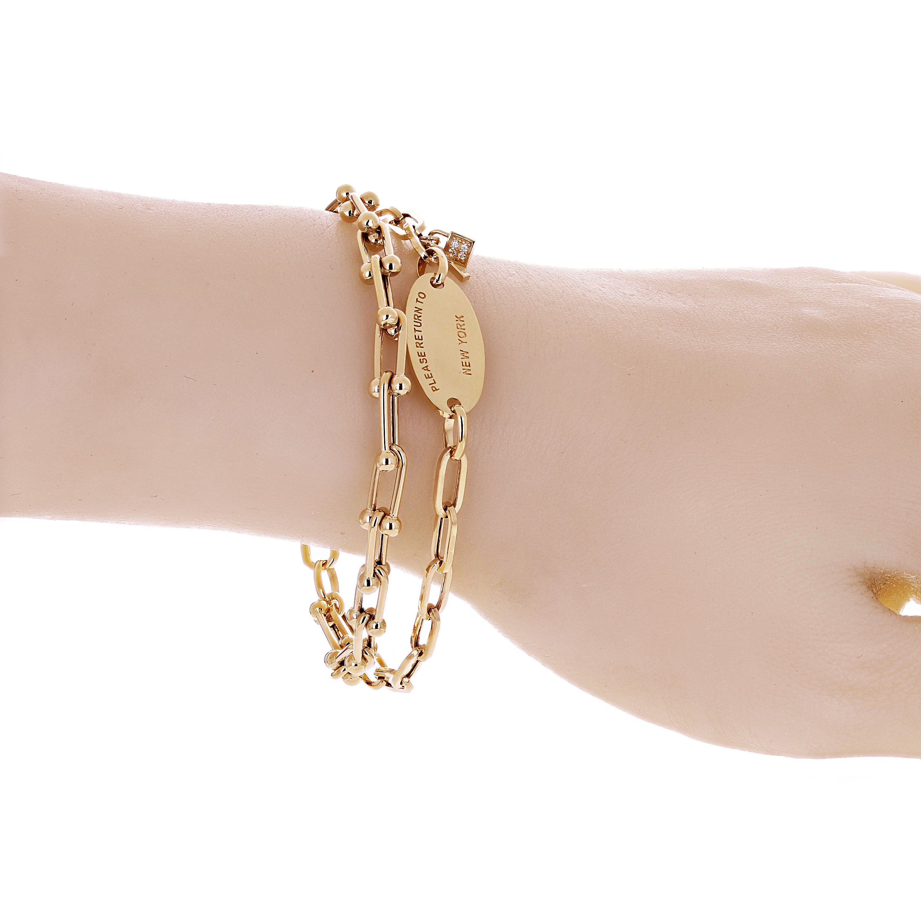 Italian 14k Yellow Gold Double U Shape Hardwear Heart & Key Charm Bracelet 7.5" - 7.5" 11 grams