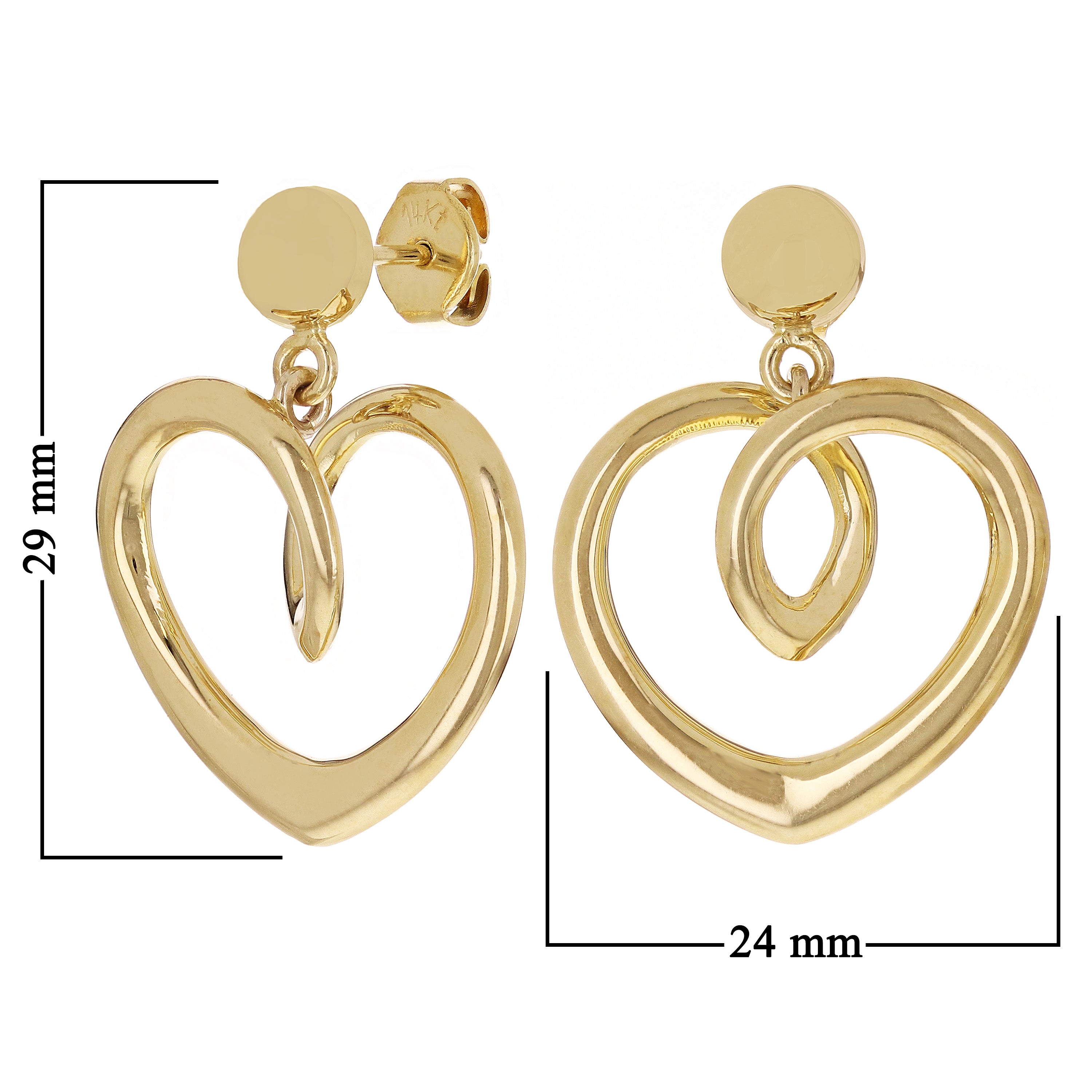 14k Yellow Gold Heart Drop Dangle Earrings 1." 6 grams