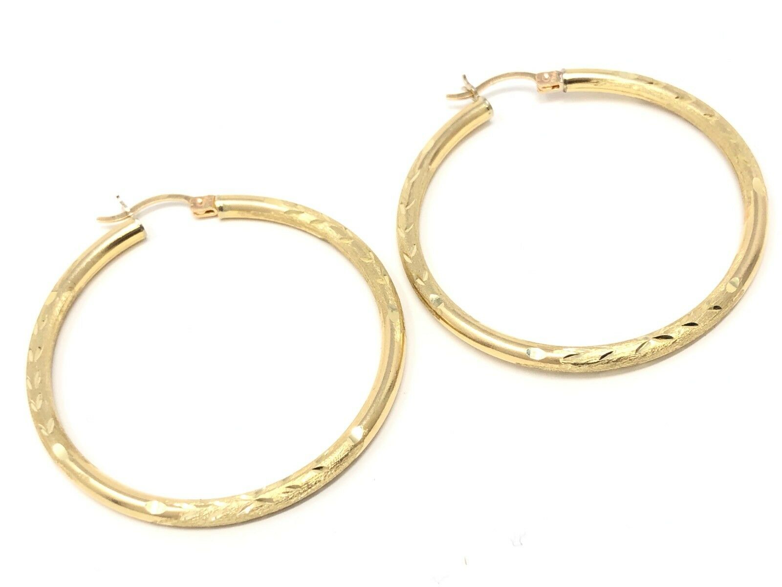 14k Yellow Gold Hollow Diamond Cut Hoop Loop Round Earrings 1.75" 3.1mm 4 grams