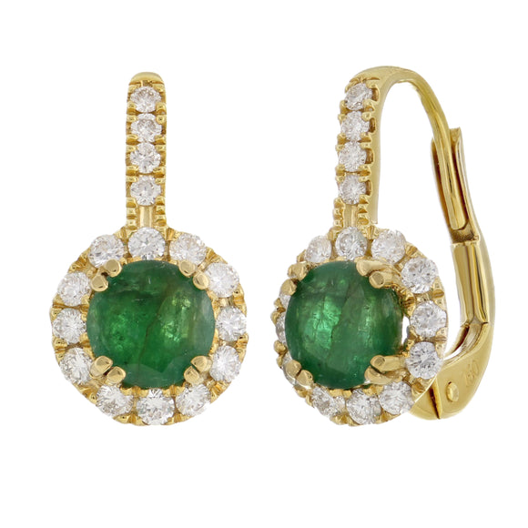 18k Yellow Gold 0.65ctw Emerald & Diamond Halo Drop Earrings