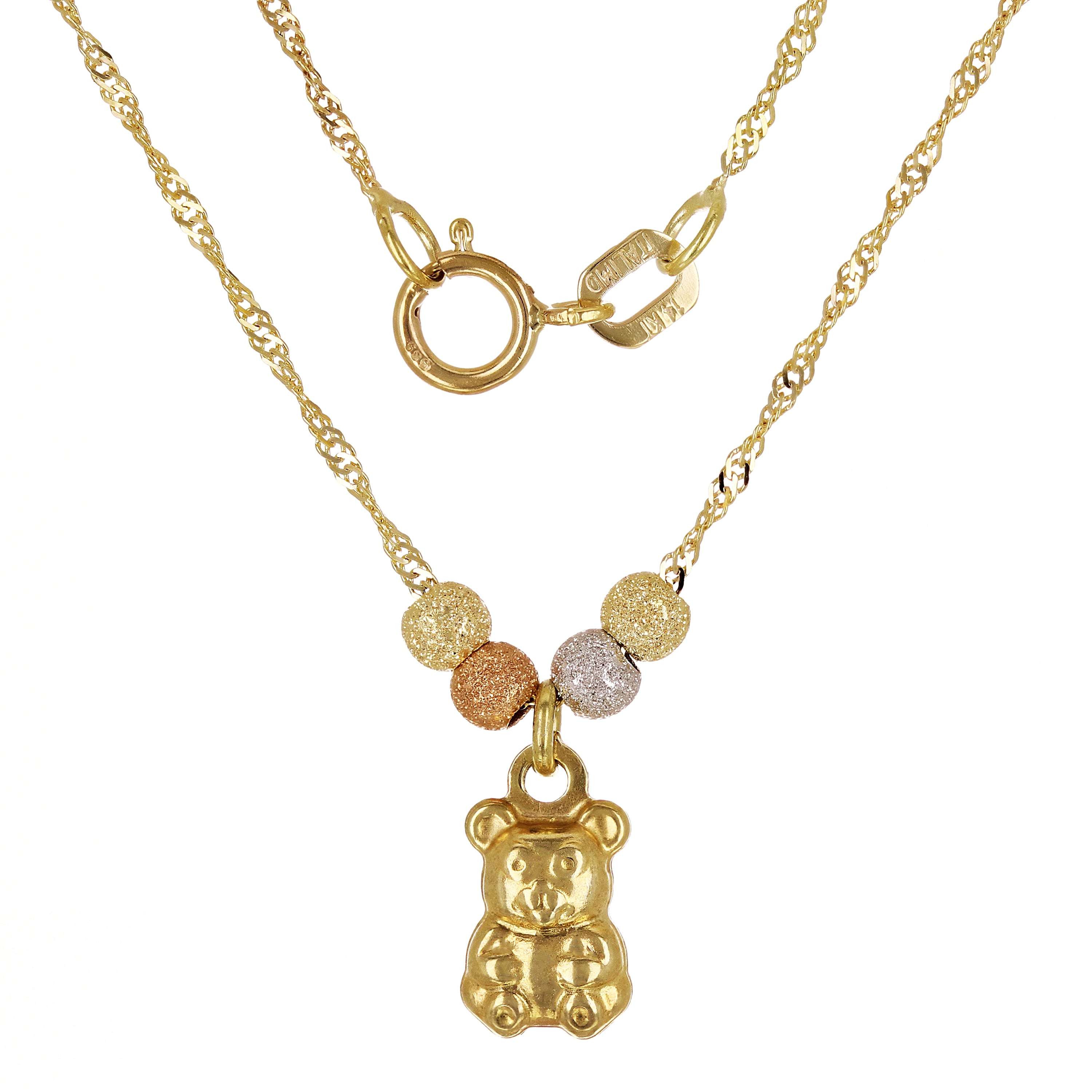 14k Tri Color Gold High Polished Teddy Bear Charm Necklace Singapore Chain 17"