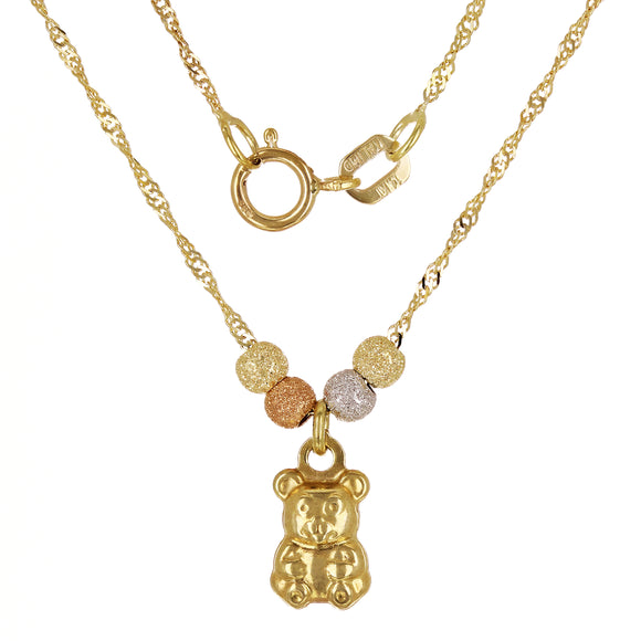 14k Tri Color Gold High Polished Teddy Bear Charm Necklace Singapore Chain 17