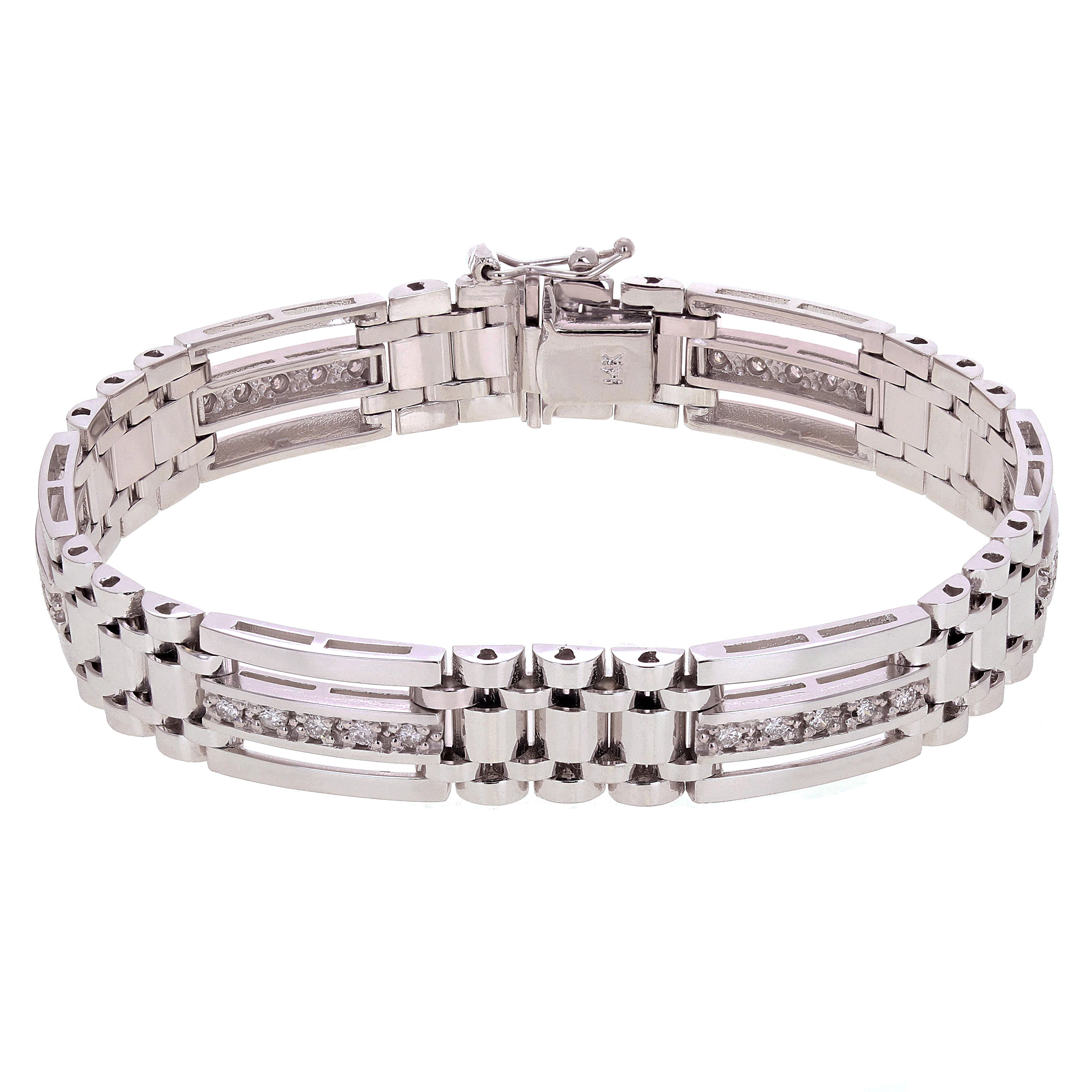 Men's 14k White Gold 1.00ctw Diamond Watch Link Bracelet 8.25" 11.2mm 35.8 grams - White  8.25"  11.2mm  1ctw  35.8grams