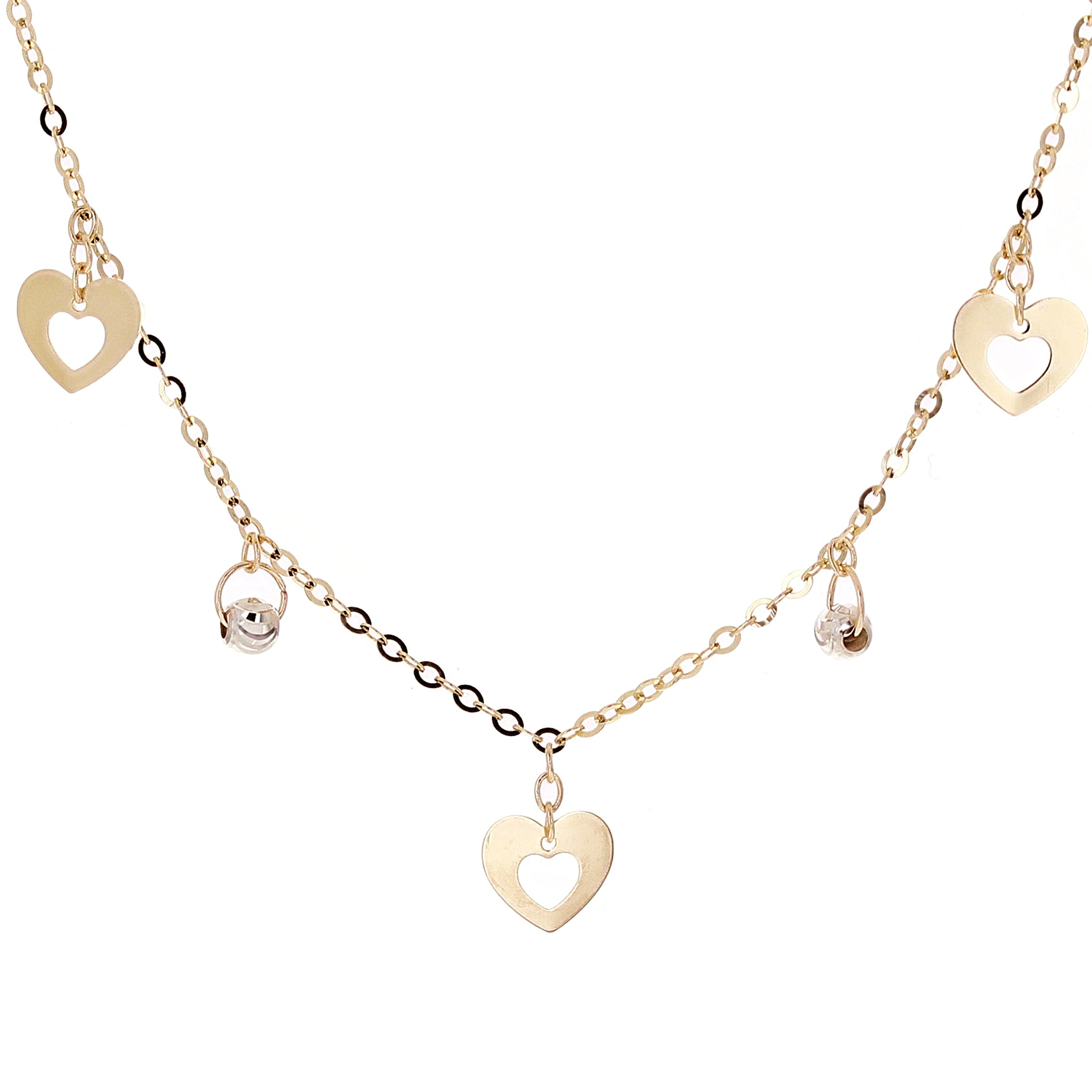 Italian 14k Two Tone Gold Ball Bead & Heart Charm Necklace 16.5" 2.1 grams