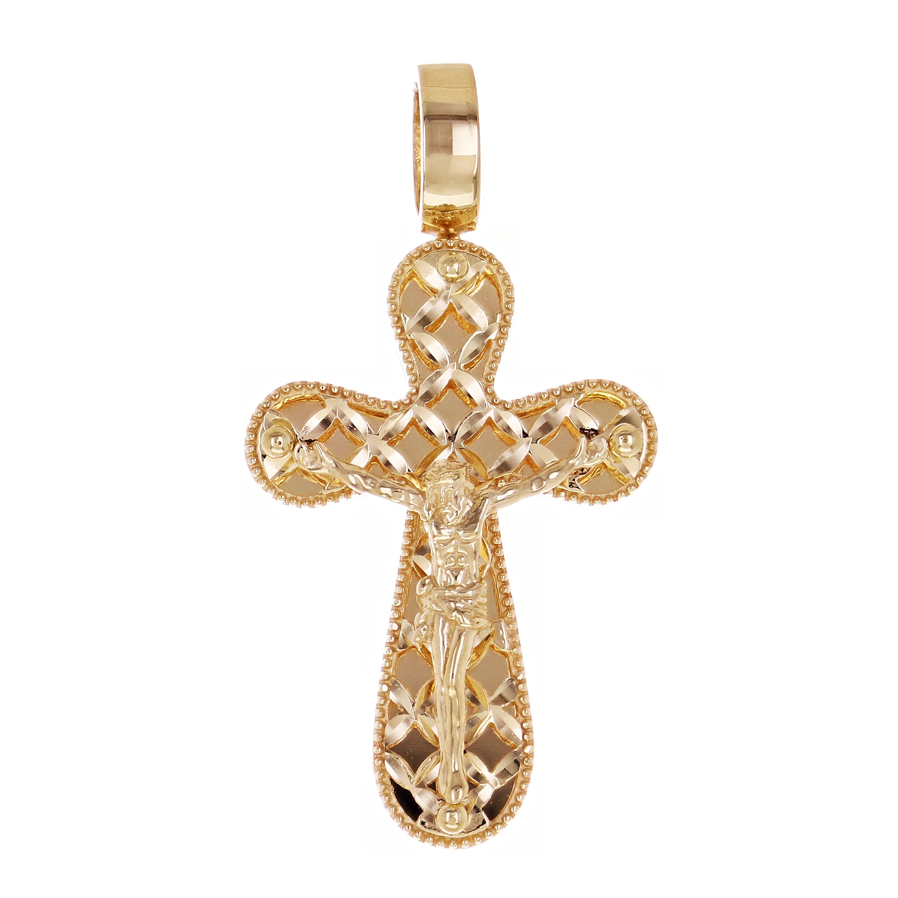 Italian 14k Yellow Gold 3D Double Sided Crucifix Cross Charm Pendant 1.4" 4.5g