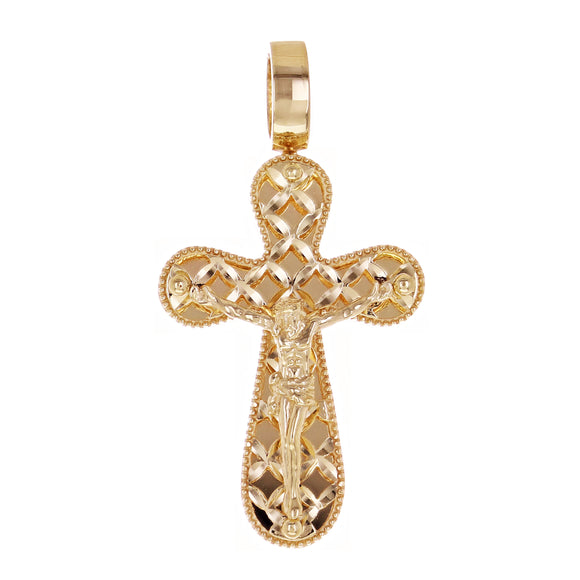 Italian 14k Yellow Gold 3D Double Sided Crucifix Cross Charm Pendant 1.4