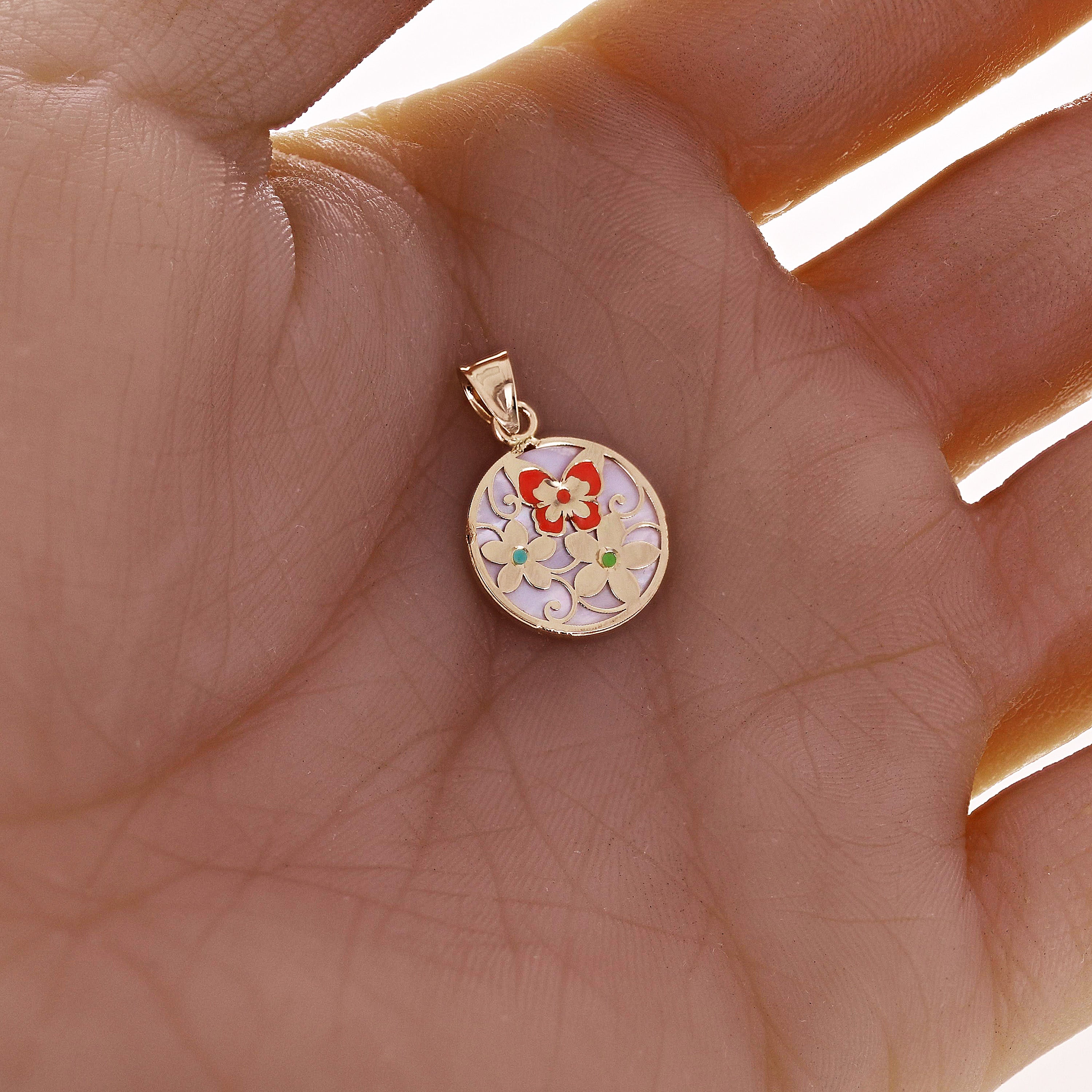 Italian 14k Yellow Gold Flowers & Butterfly Enamel Round Charm Pendant 1.2 grams