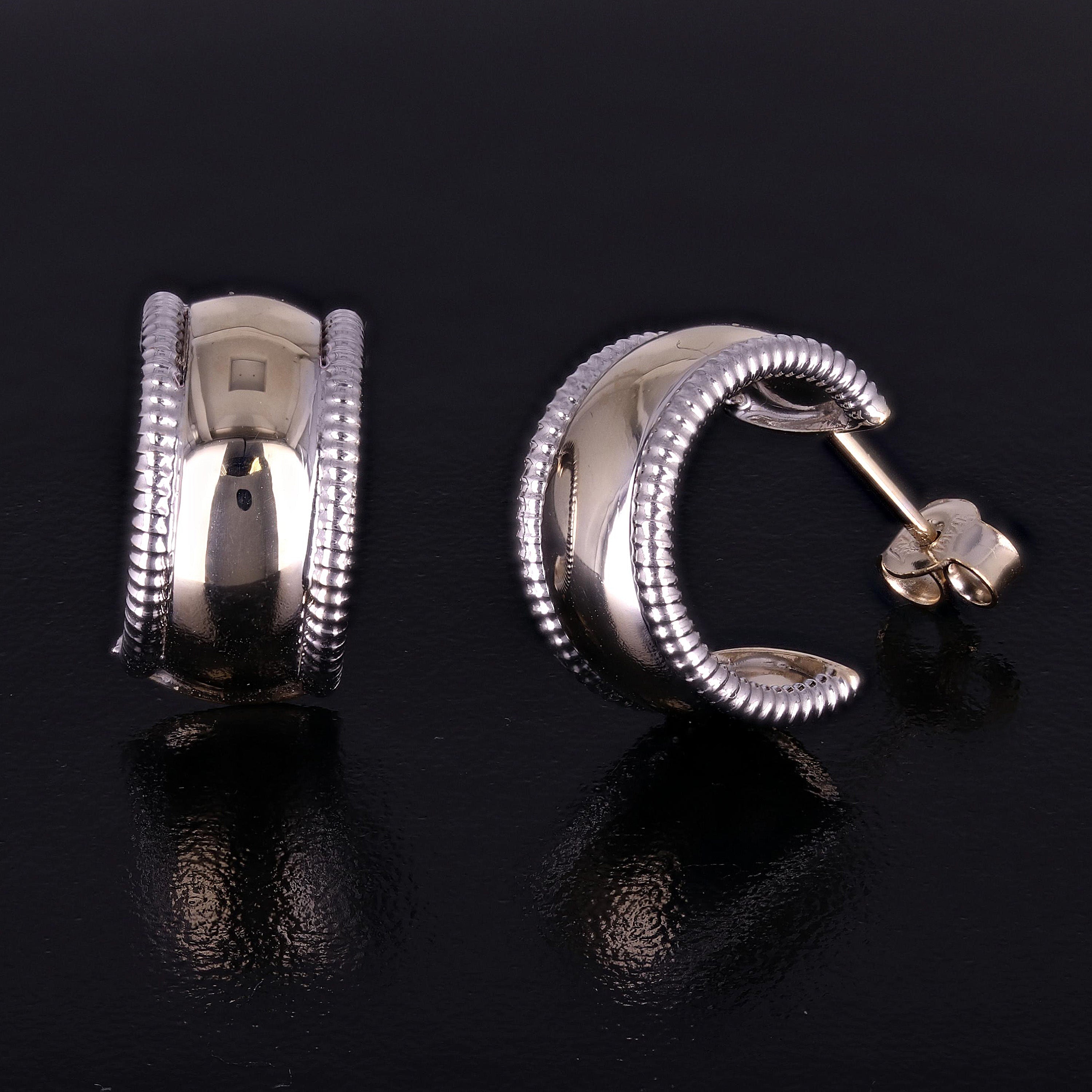 Italian 14k Yellow & White Gold Rope Shiny Small Huggie C-Shaped Hoop Earrings