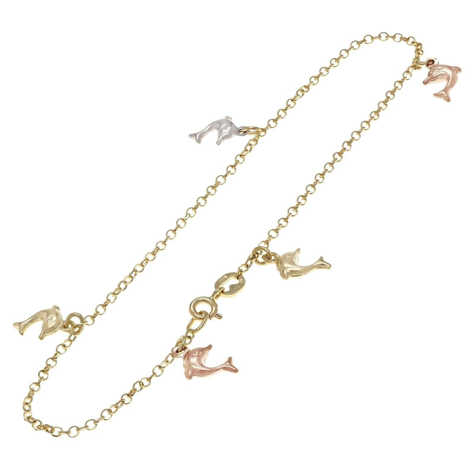 14k Tri Color Gold Dolphin Charm Anklet Bracelet 10" 1.9mm 3.7 grams