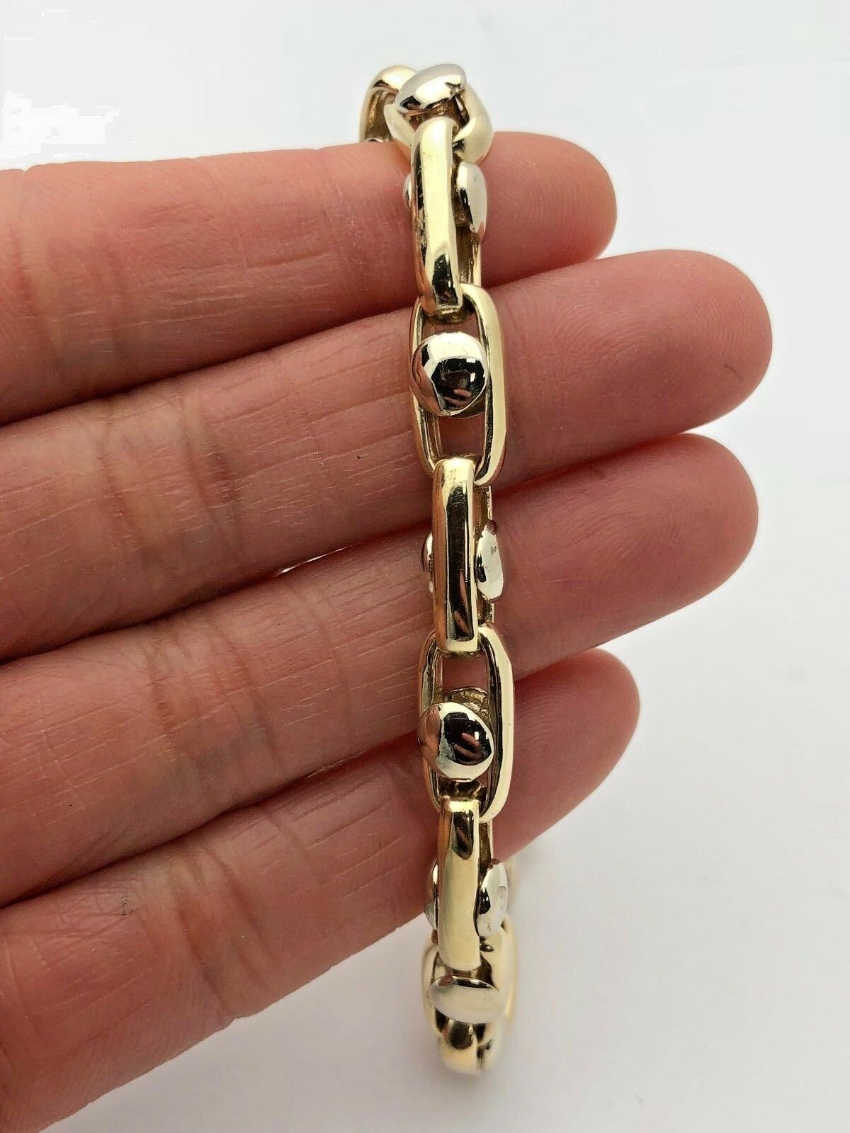 14k Two Tone Gold Handmade Fashion Link Bracelet 8.75" 6.8mm 39.7 grams