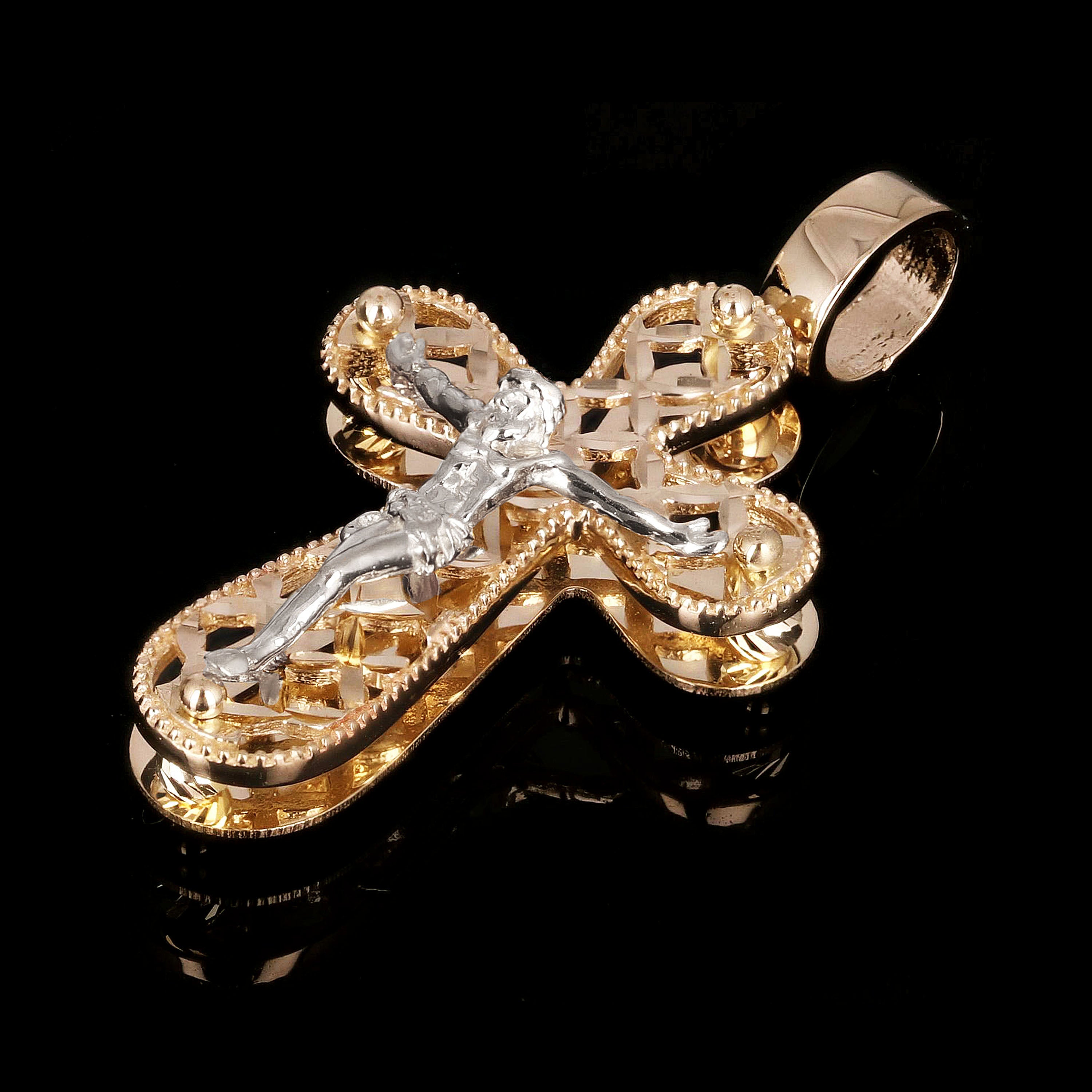 Italian 14k Two-Tone Gold 3D Double Sided Crucifix Cross Charm Pendant 1.4" 4.5g