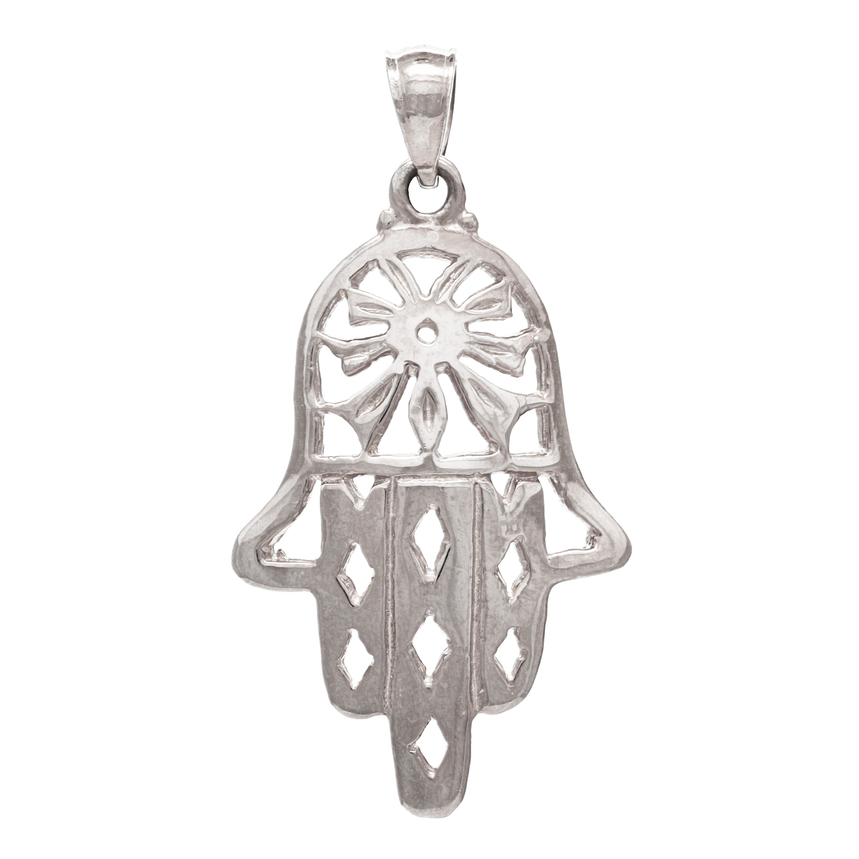 14k White Gold Hand Of Fatima Hamsa Charm Pendant 1.4" 2.9 grams - White