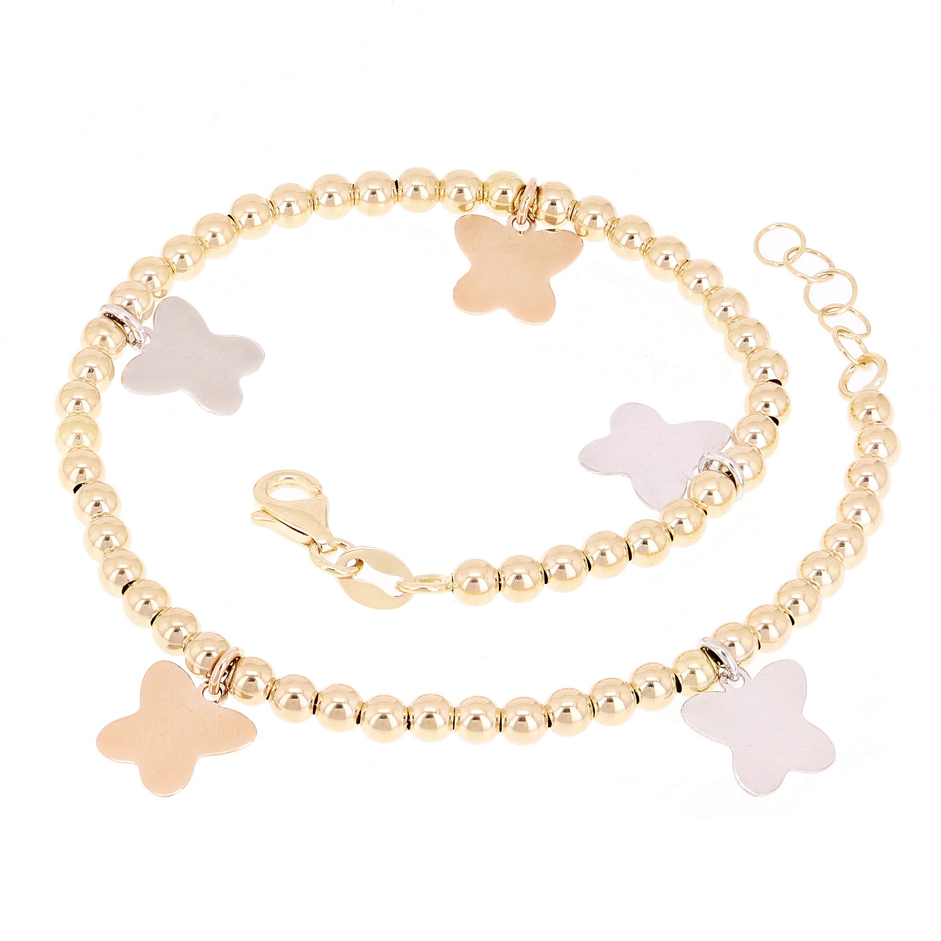 Italian 14k Tri Color Gold Ball Bead Bracelet with Butterfly Charm 8" 3mm 4.2g