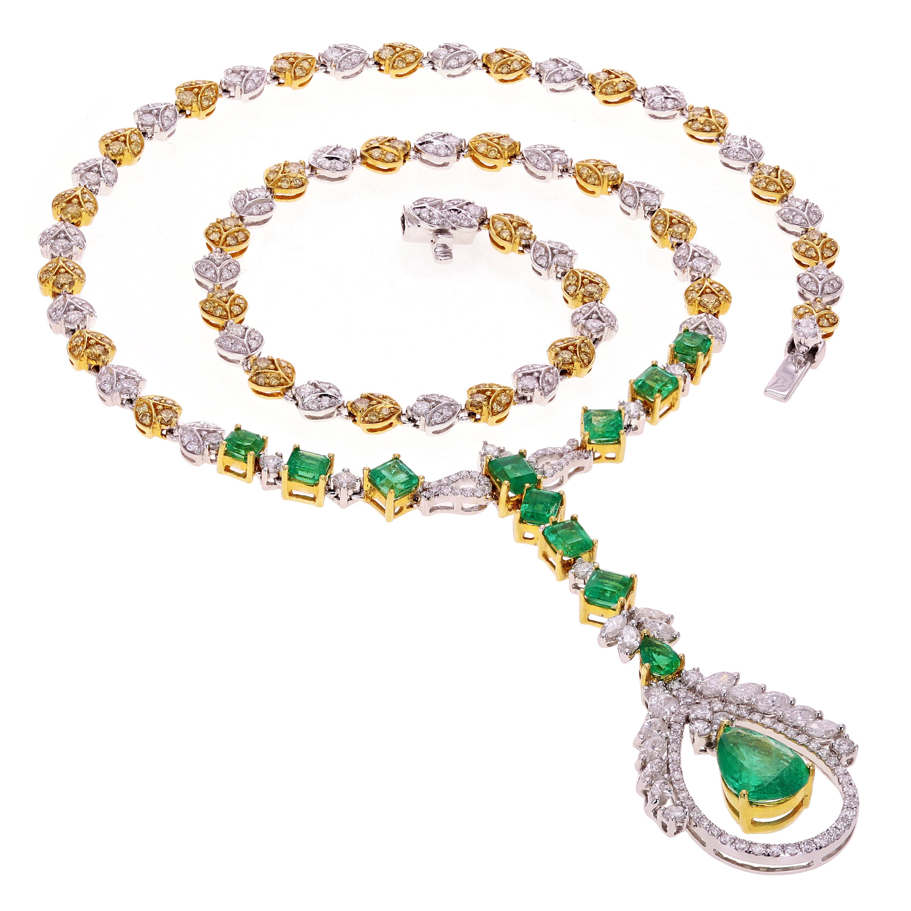 18k White & Yellow Gold 6.58ct Emerald & 6.74ct Yellow Diamond Necklace 17"