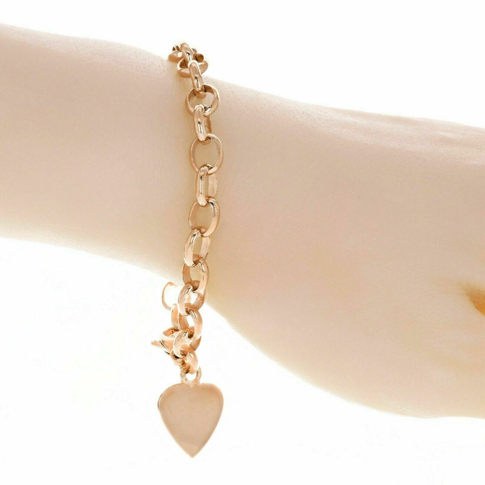 14k Rose Gold Oval Rolo Link Chain Heart Charm Bracelet 8" 18 grams