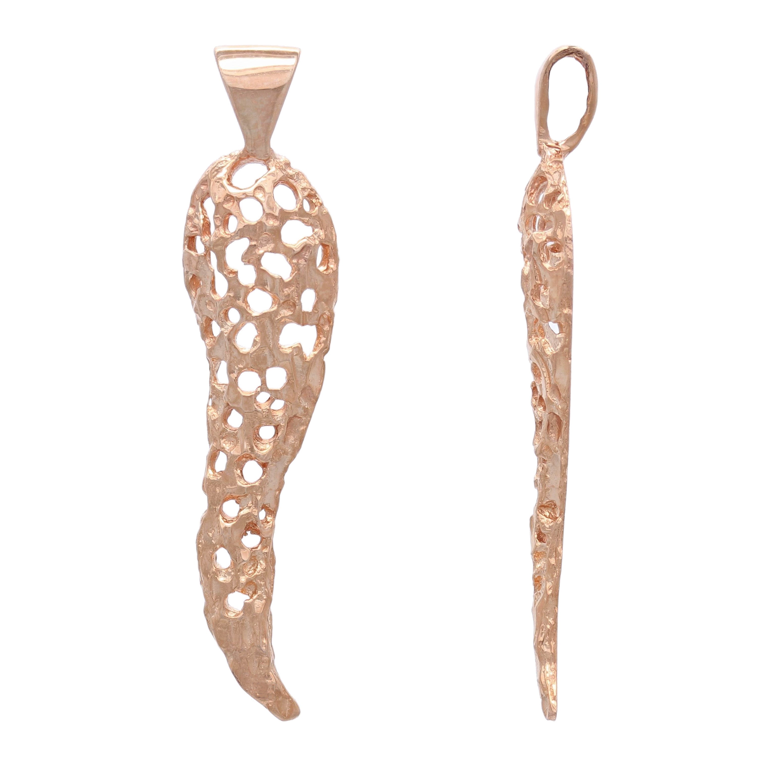 14k Rose Gold Nugget Italian Horn Pendant Good Luck Charm 1.5" 2 grams - Rose