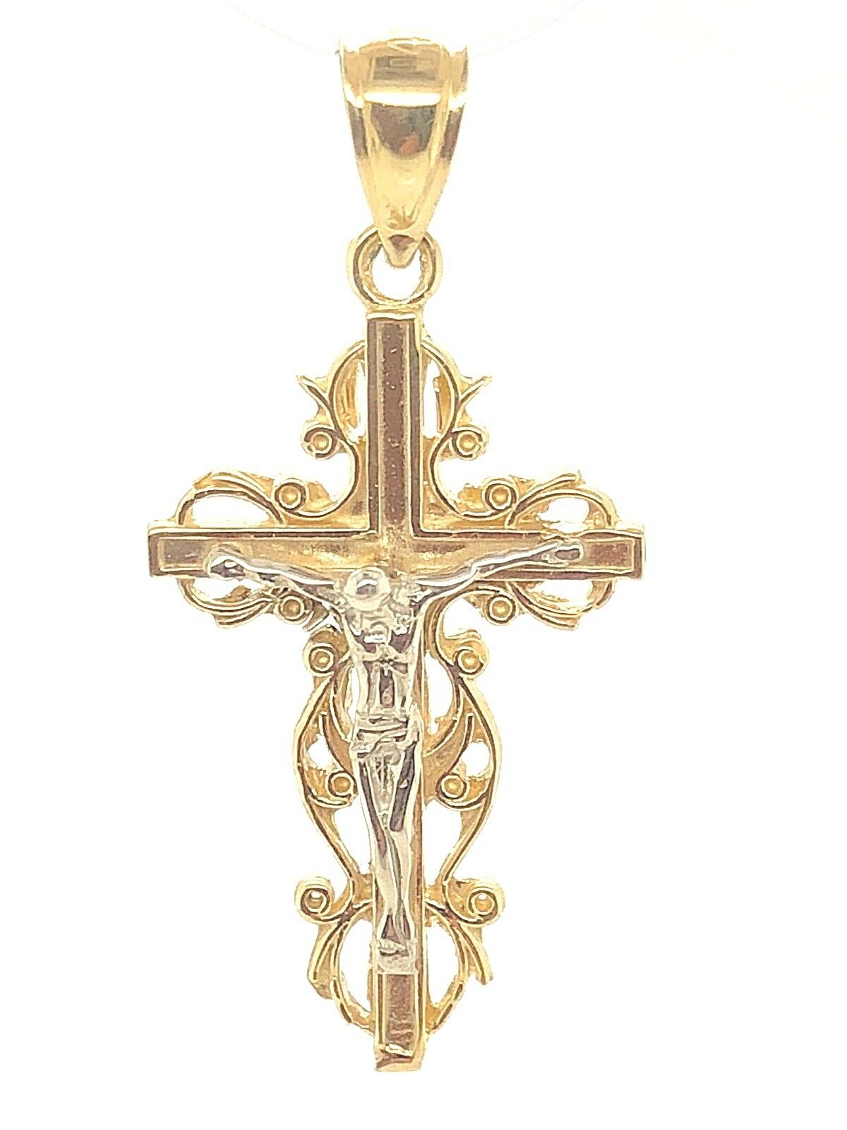 14k Two Tone Gold Jesus Christ Crucifix Filigree Cross Charm Pendant 1.8 grams