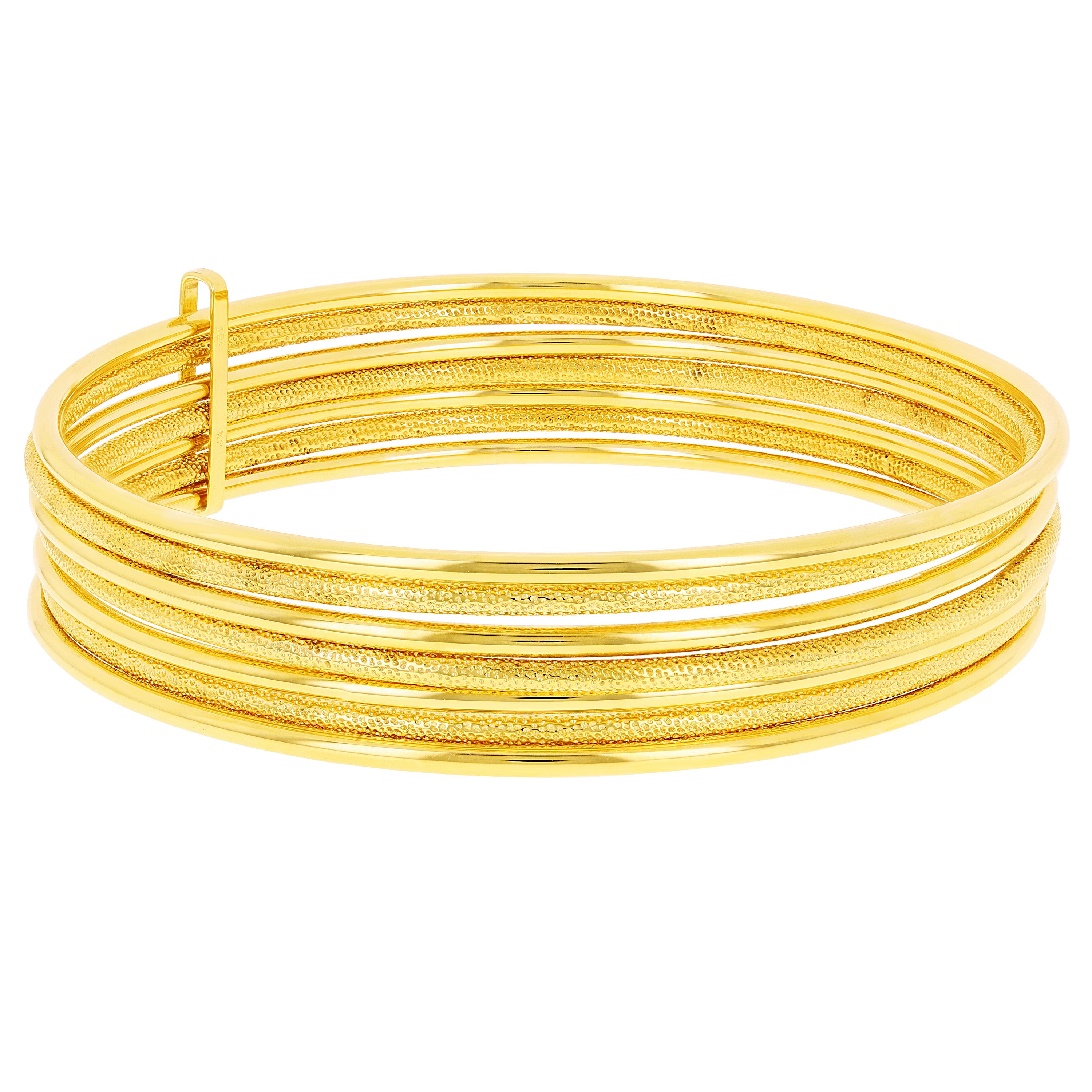 Italian 14k Yellow Gold Round Plain & Textured 7 Days Bangle Bracelet Set 8" 11g