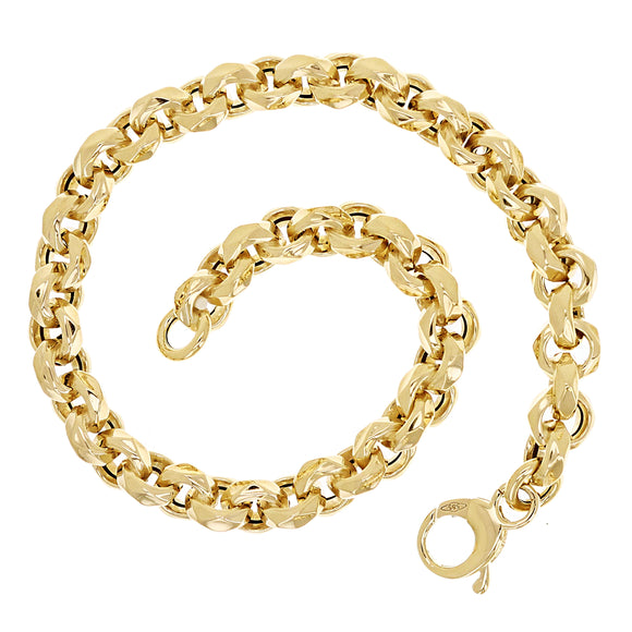 Italian 14k Yellow Gold Semi- Hollow Rolo Link Charm Bracelet 7.75