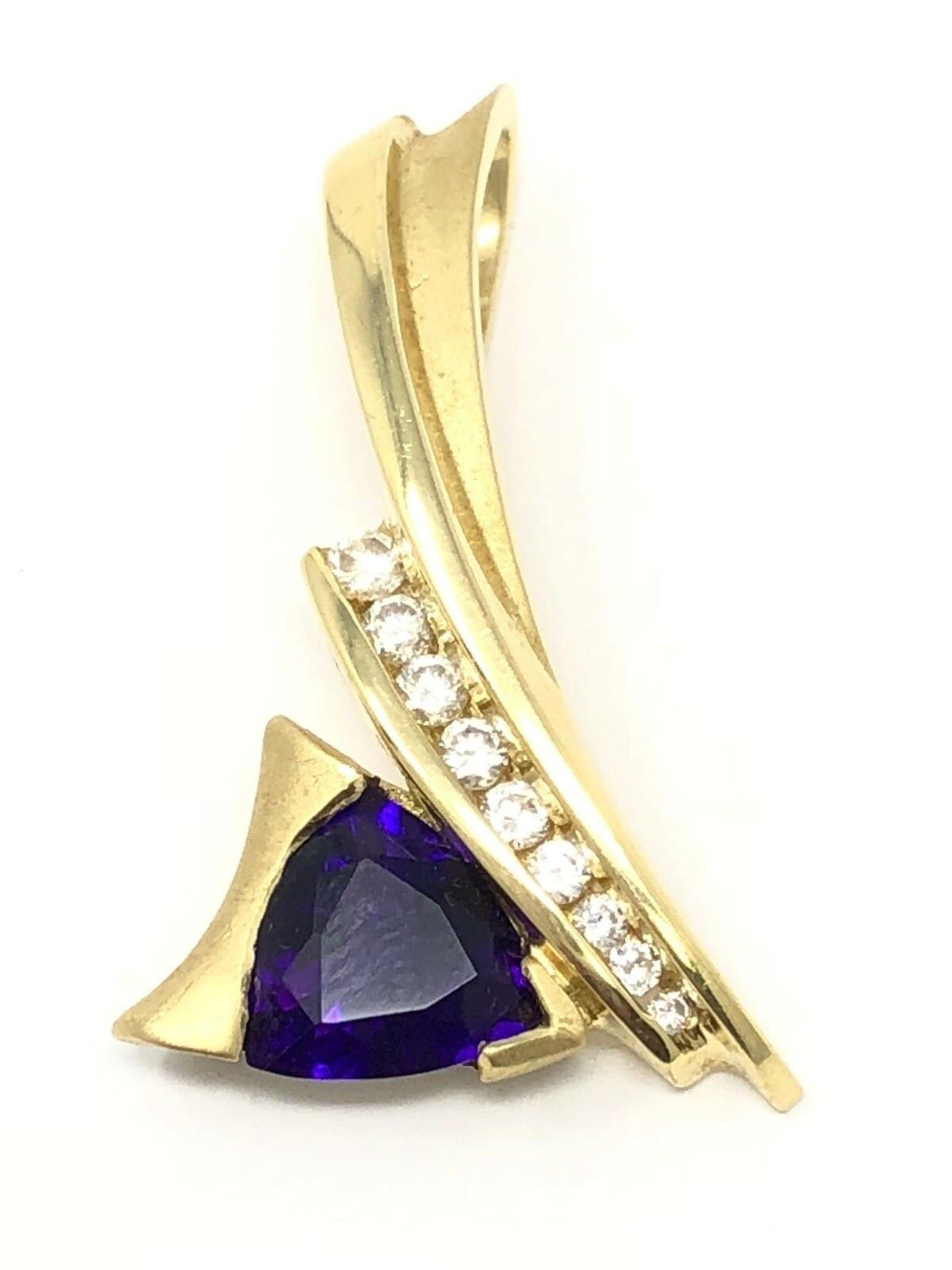 18k Yellow Gold Trillion Amethyst Charm Pendant with Diamonds 1.35" 8.3g
