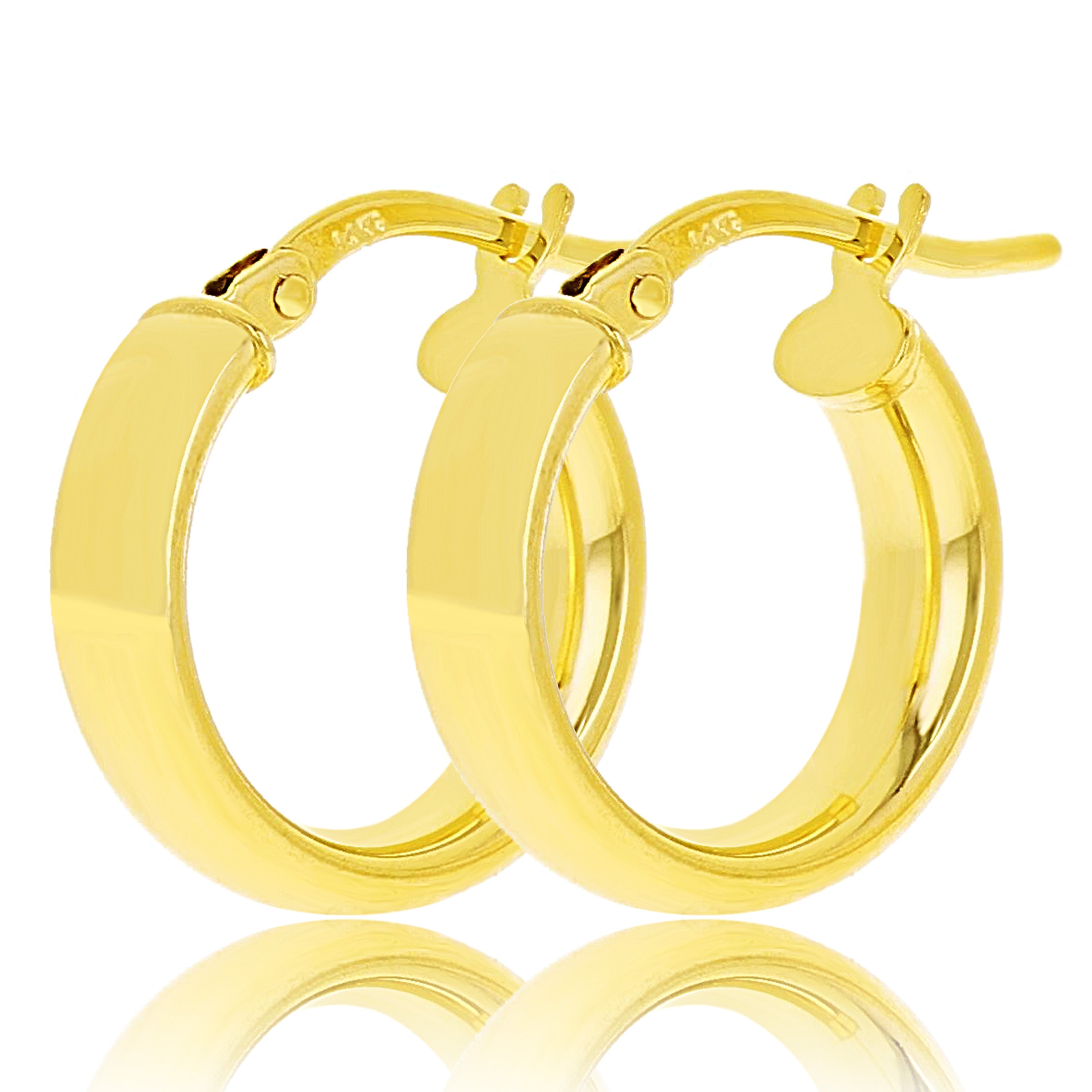 Italian 14k Yellow Gold Rounded Flat Tube Small Hollow Hoop Earrings 15.5mm x 4mm - Yellow 1.3 grams