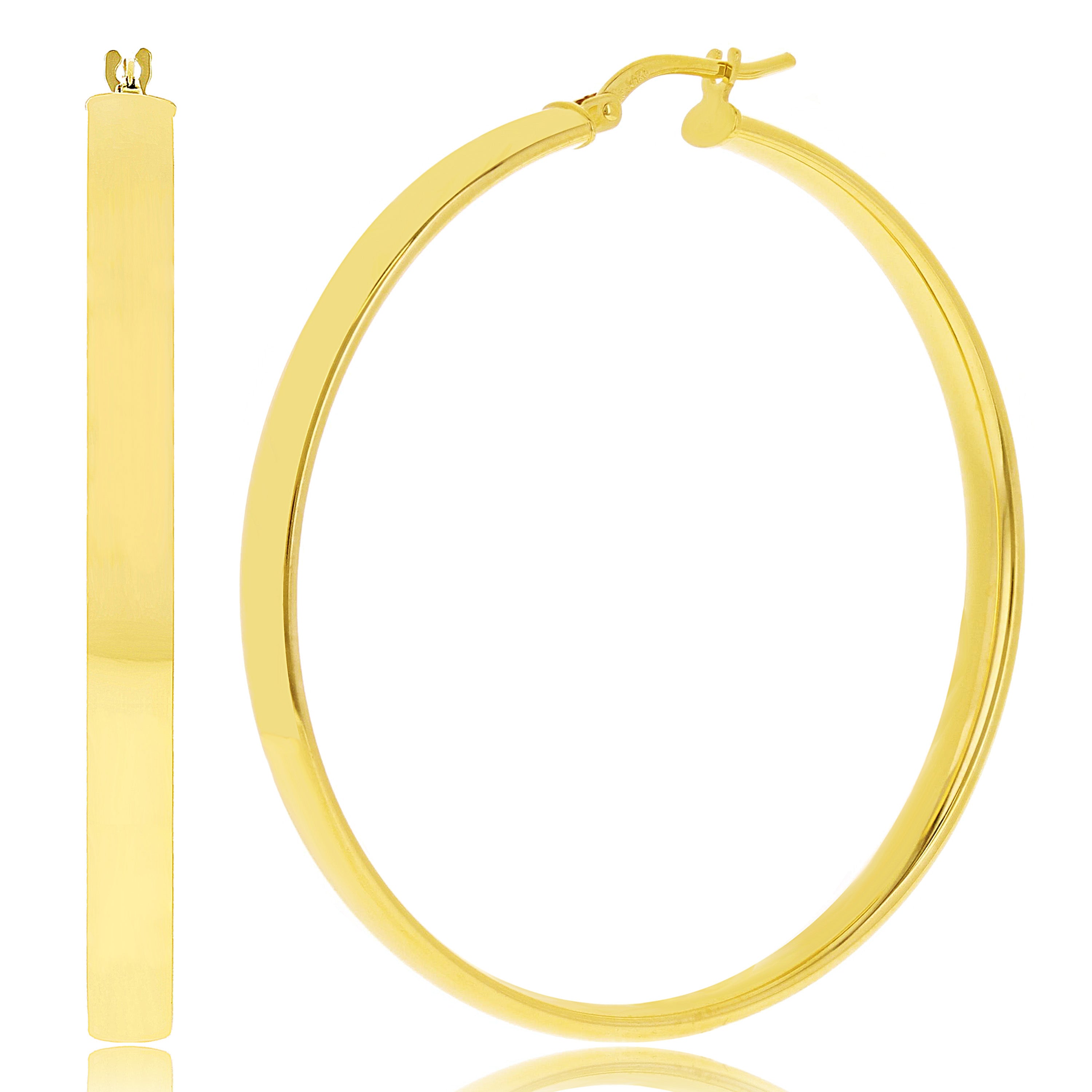 Italian 14k Yellow Gold Rounded Flat Tube Small Hollow Hoop Earrings 1.8" 3.9 grams - Yellow 3.9 grams