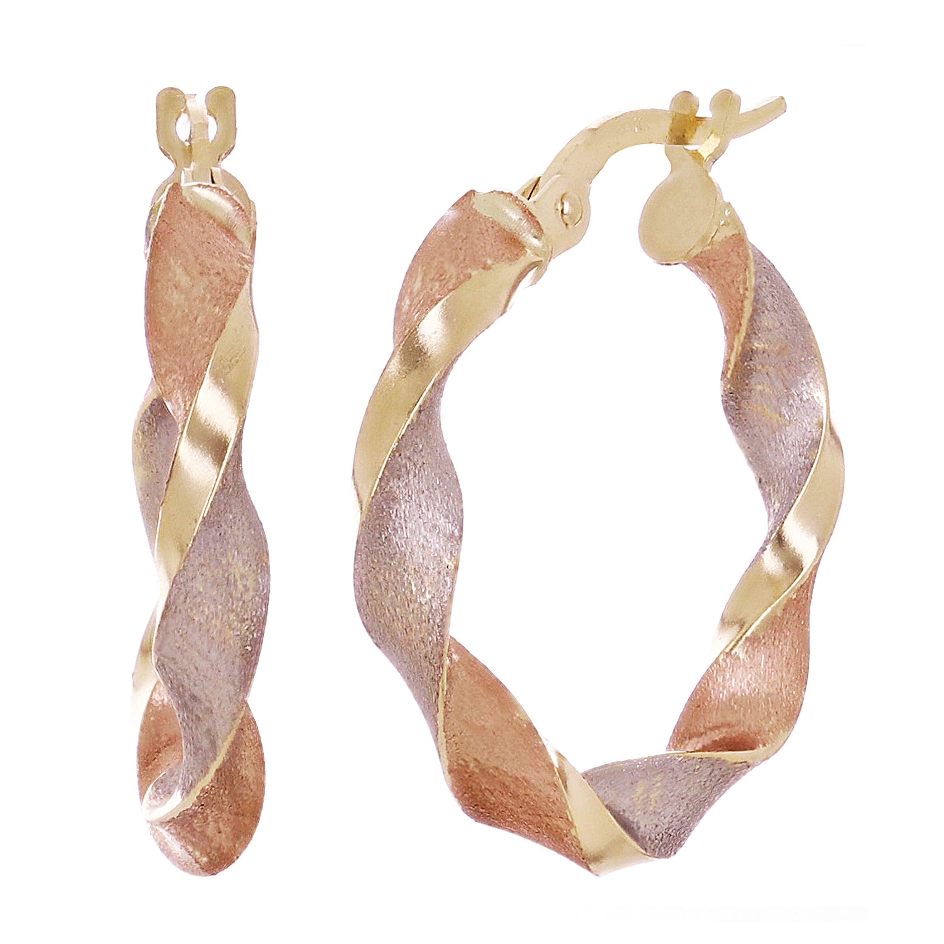 Italian 14k Tri-Color Gold Hollow Satin Twisted Hoop Earrings 22.8mm x 3mm 1.8g